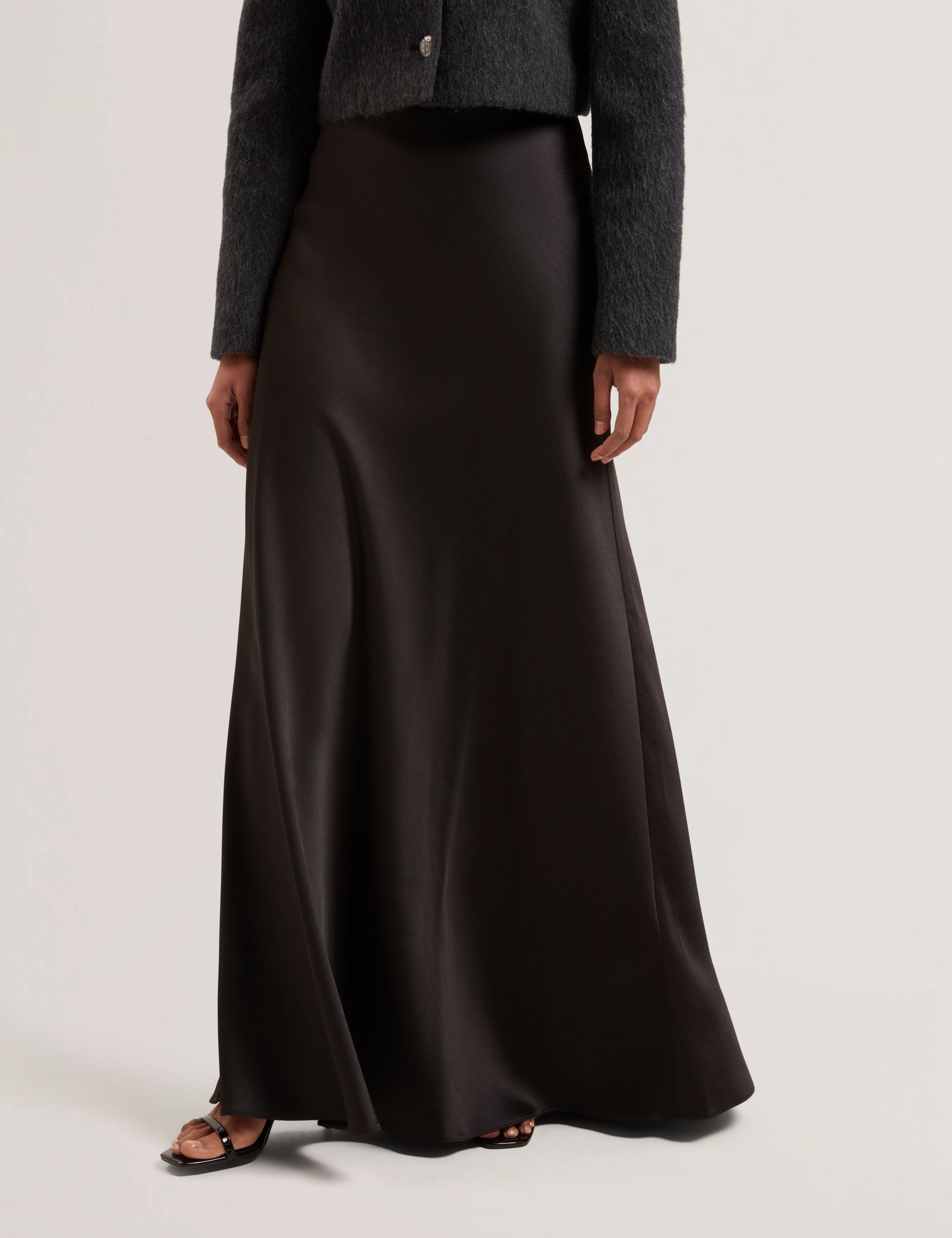 Ontarii Bias Cut Satin Maxi Skirt Black