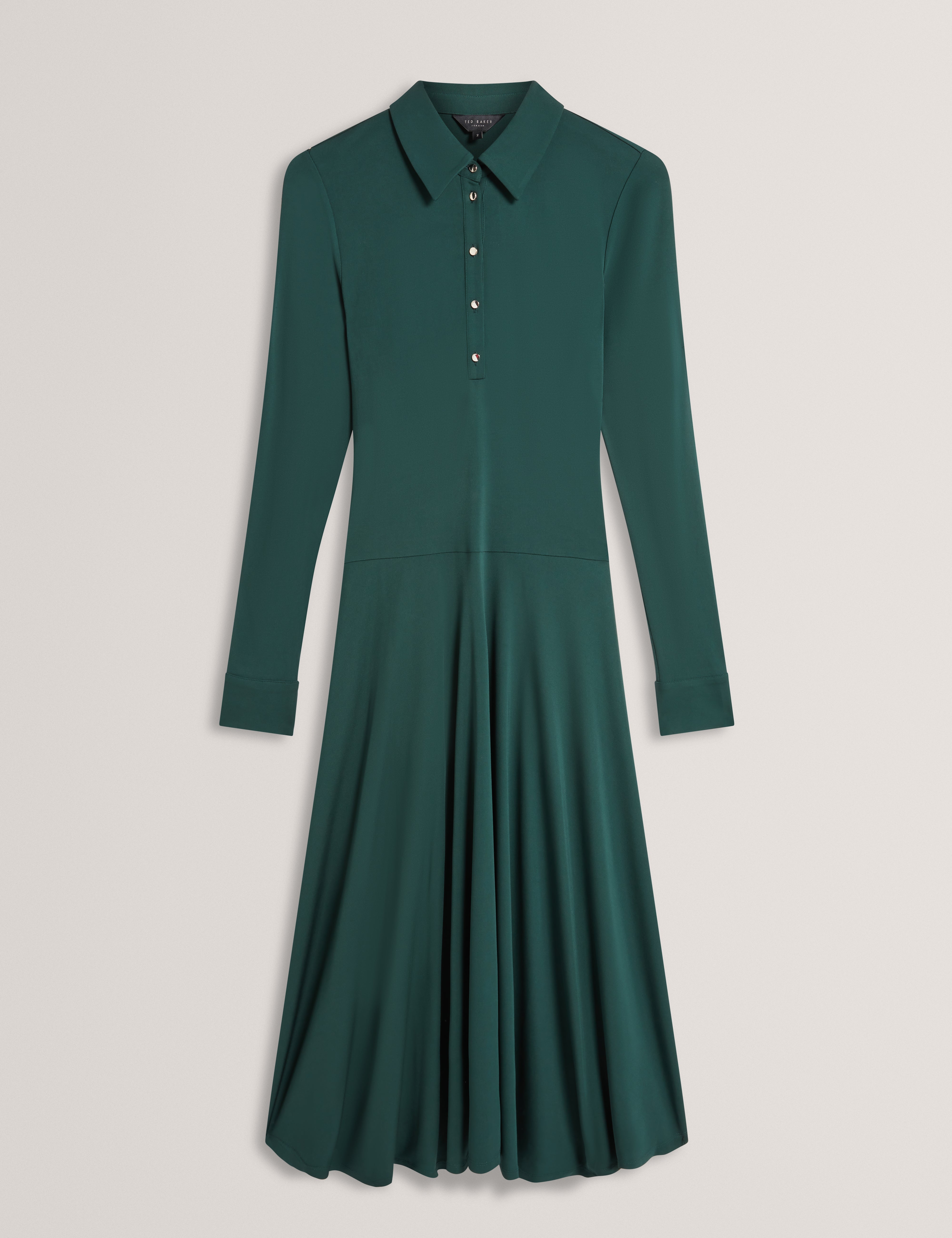 Talyahh Crepe Jersey Button Down Collared Midi Dress Dk-Green