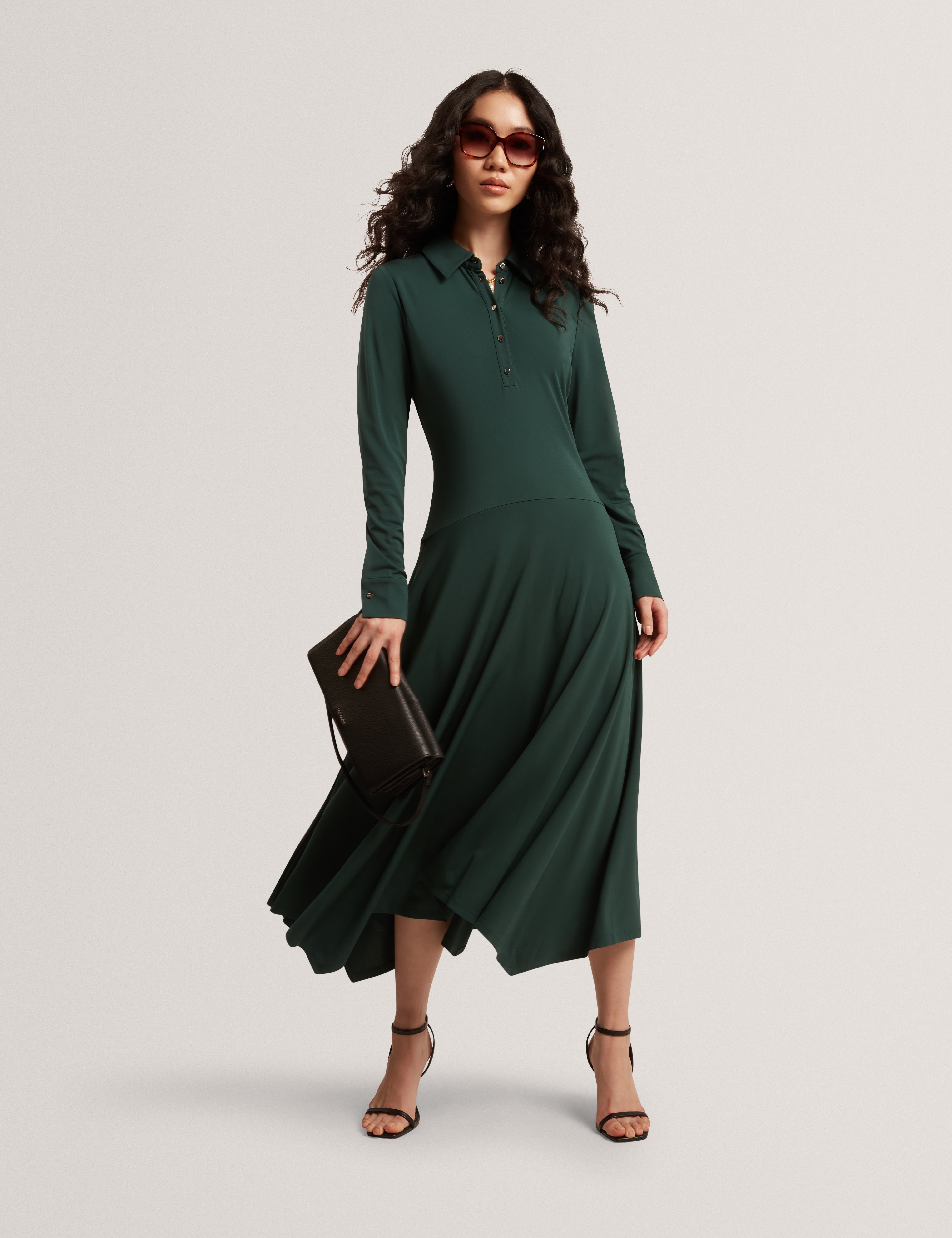 Talyahh Crepe Jersey Button Down Collared Midi Dress Dk-Green