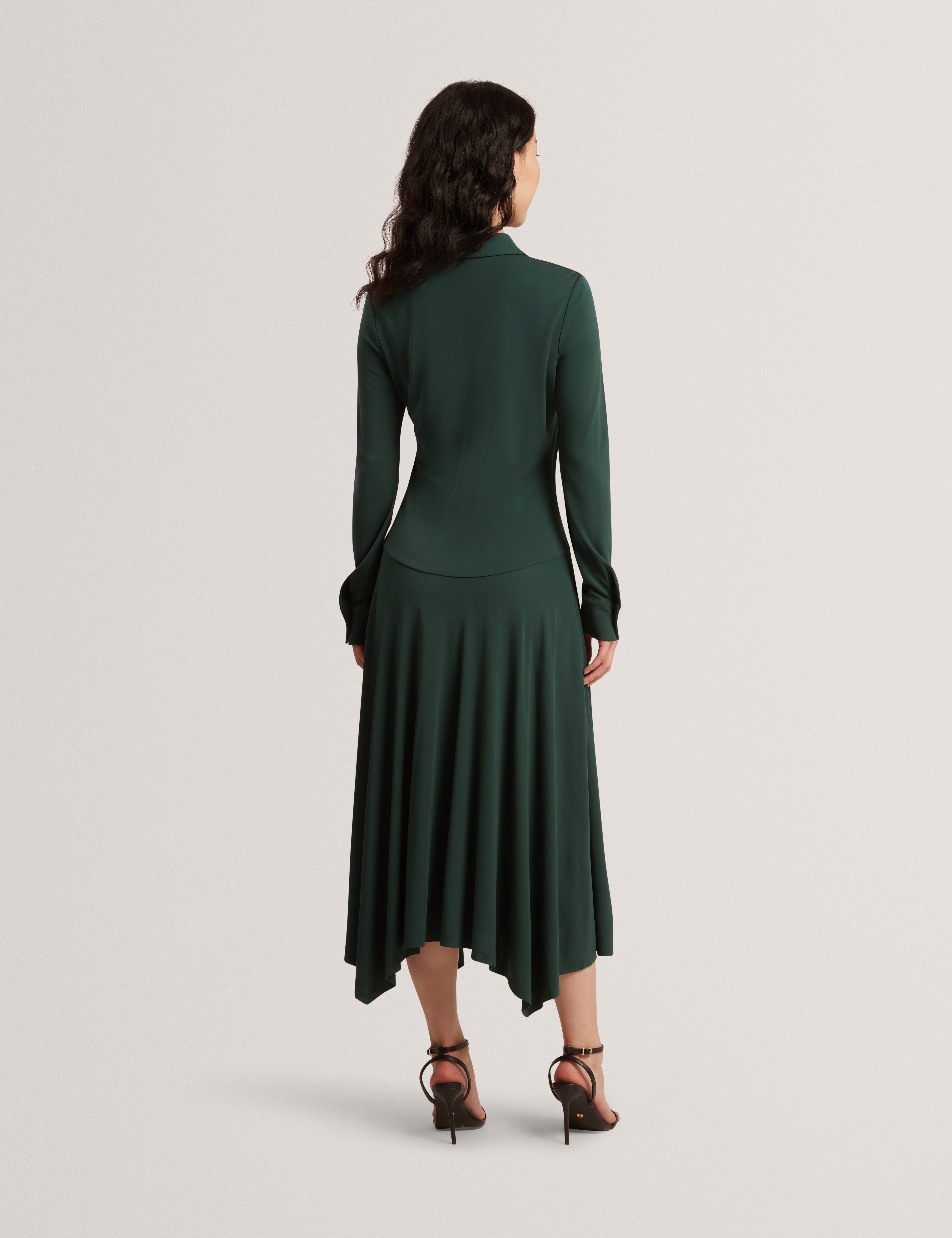 Talyahh Crepe Jersey Button Down Collared Midi Dress Dk-Green