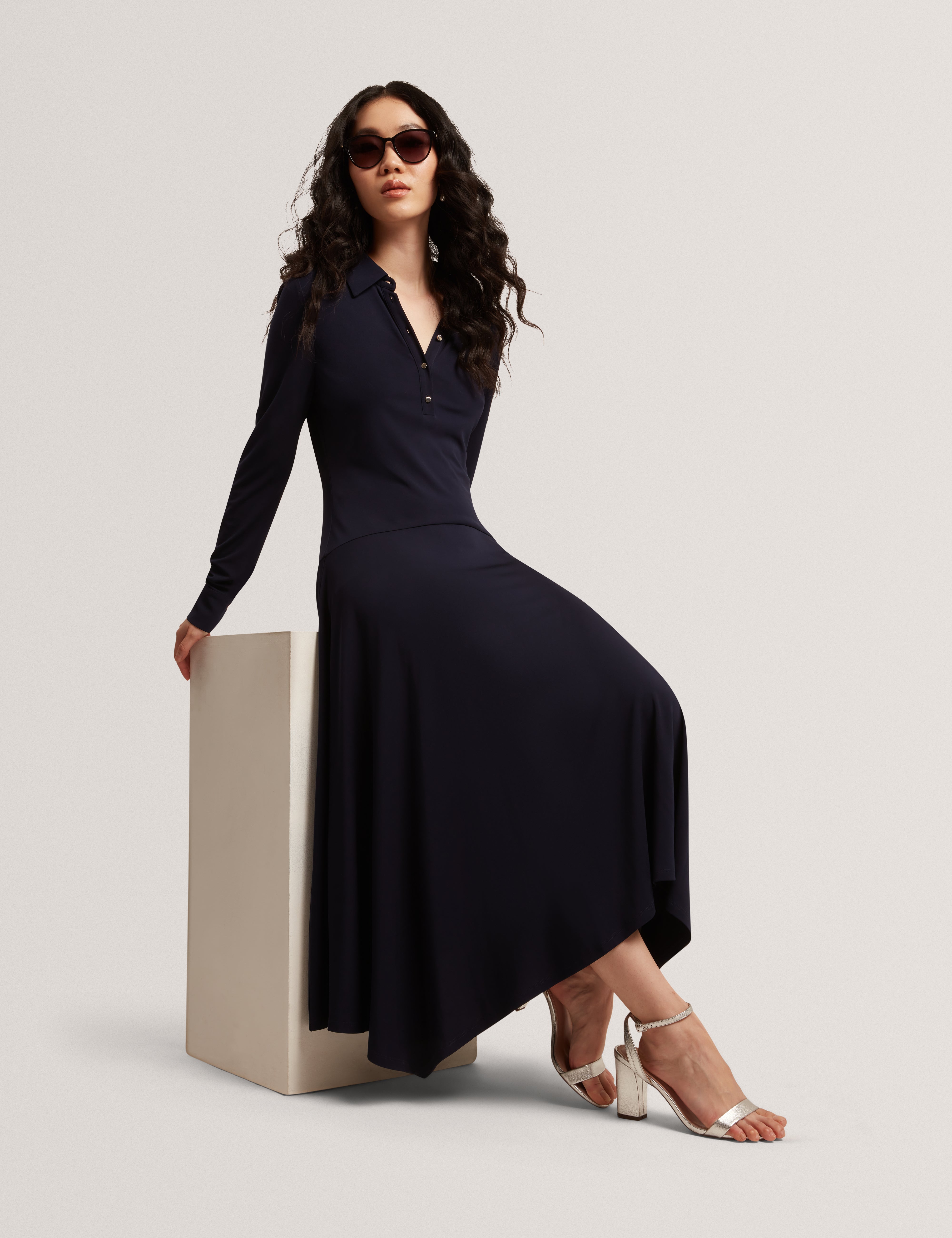 Talyahh Crepe Jersey Button Down Collared Midi Dress Navy
