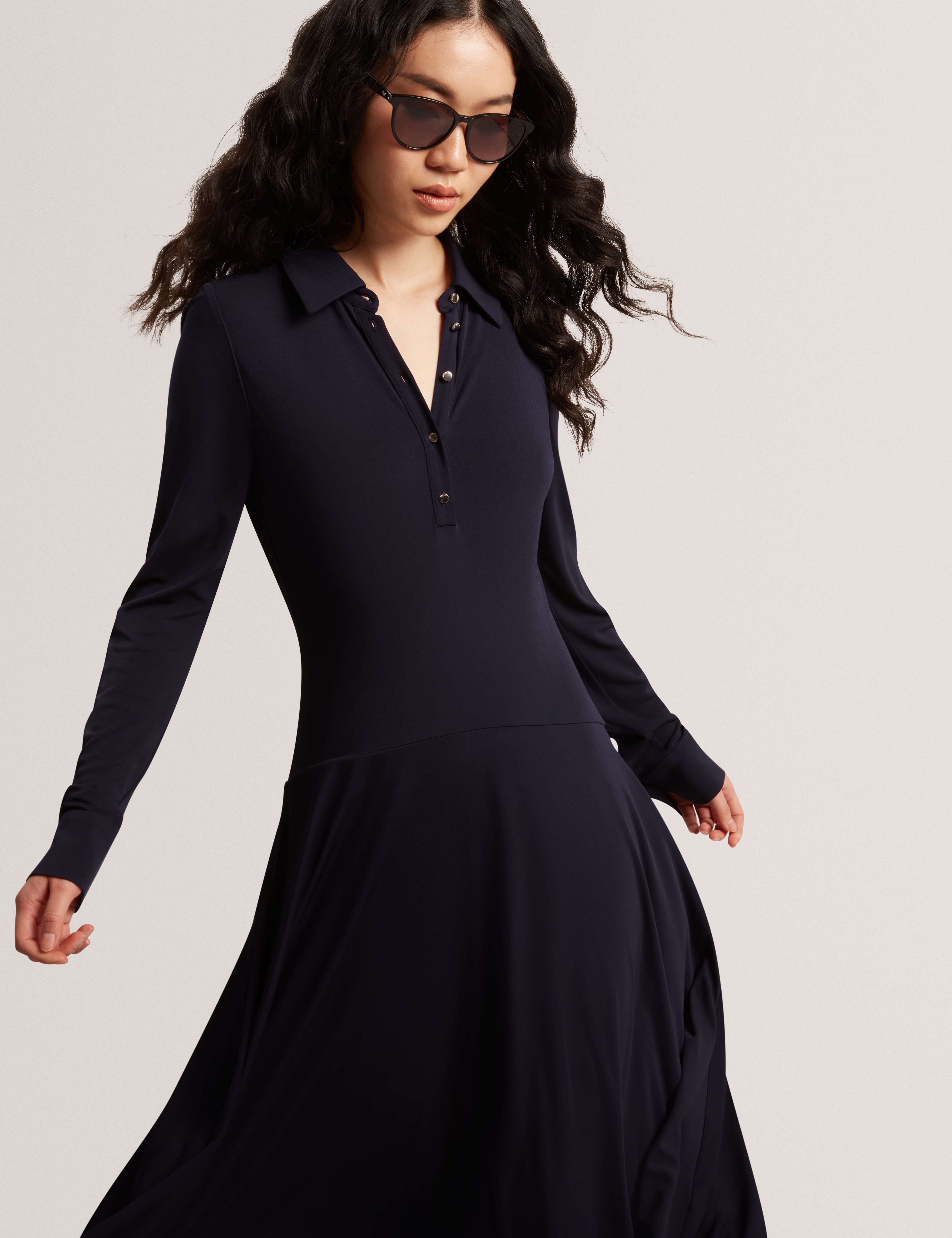 Talyahh Crepe Jersey Button Down Collared Midi Dress Navy