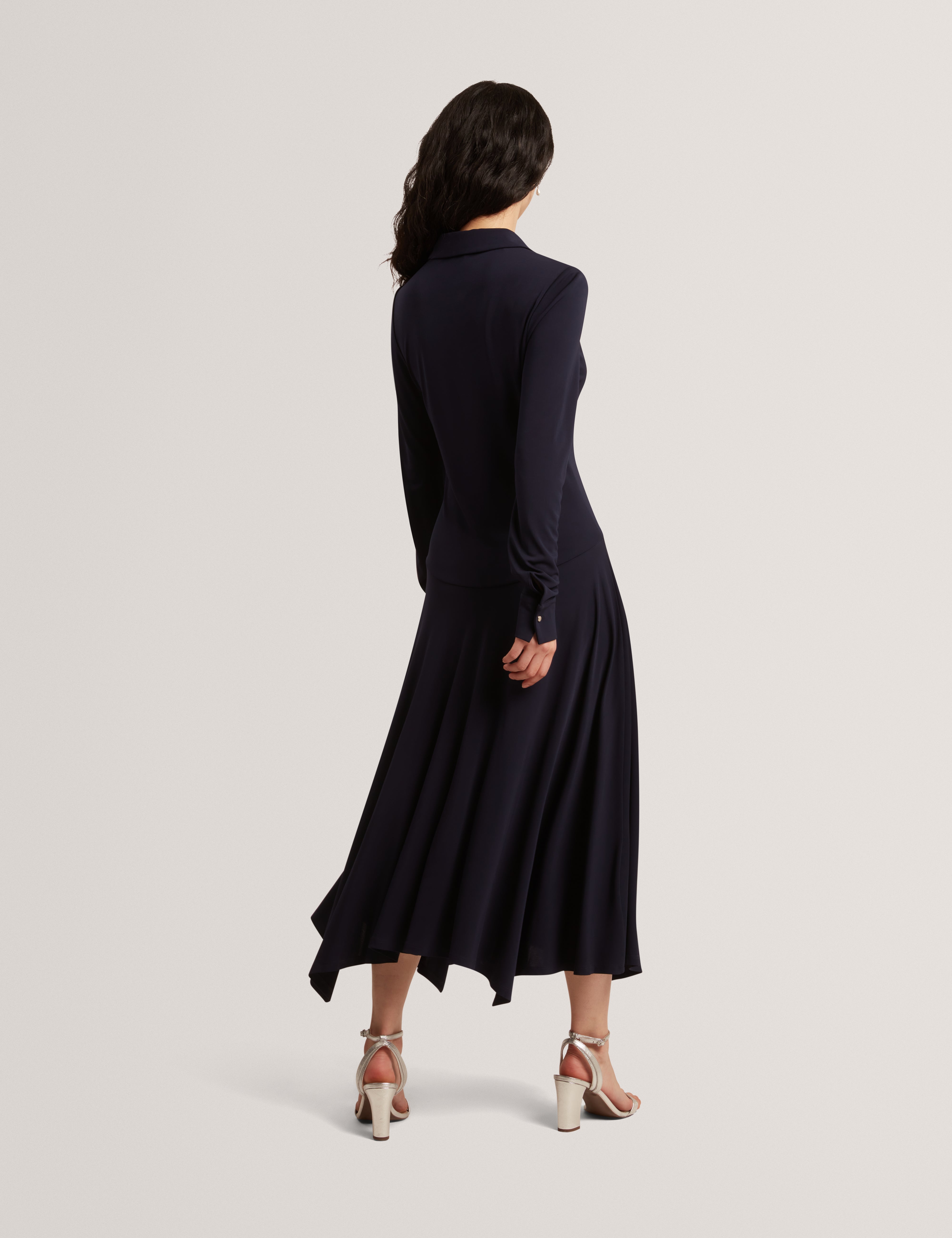 Talyahh Crepe Jersey Button Down Collared Midi Dress Navy