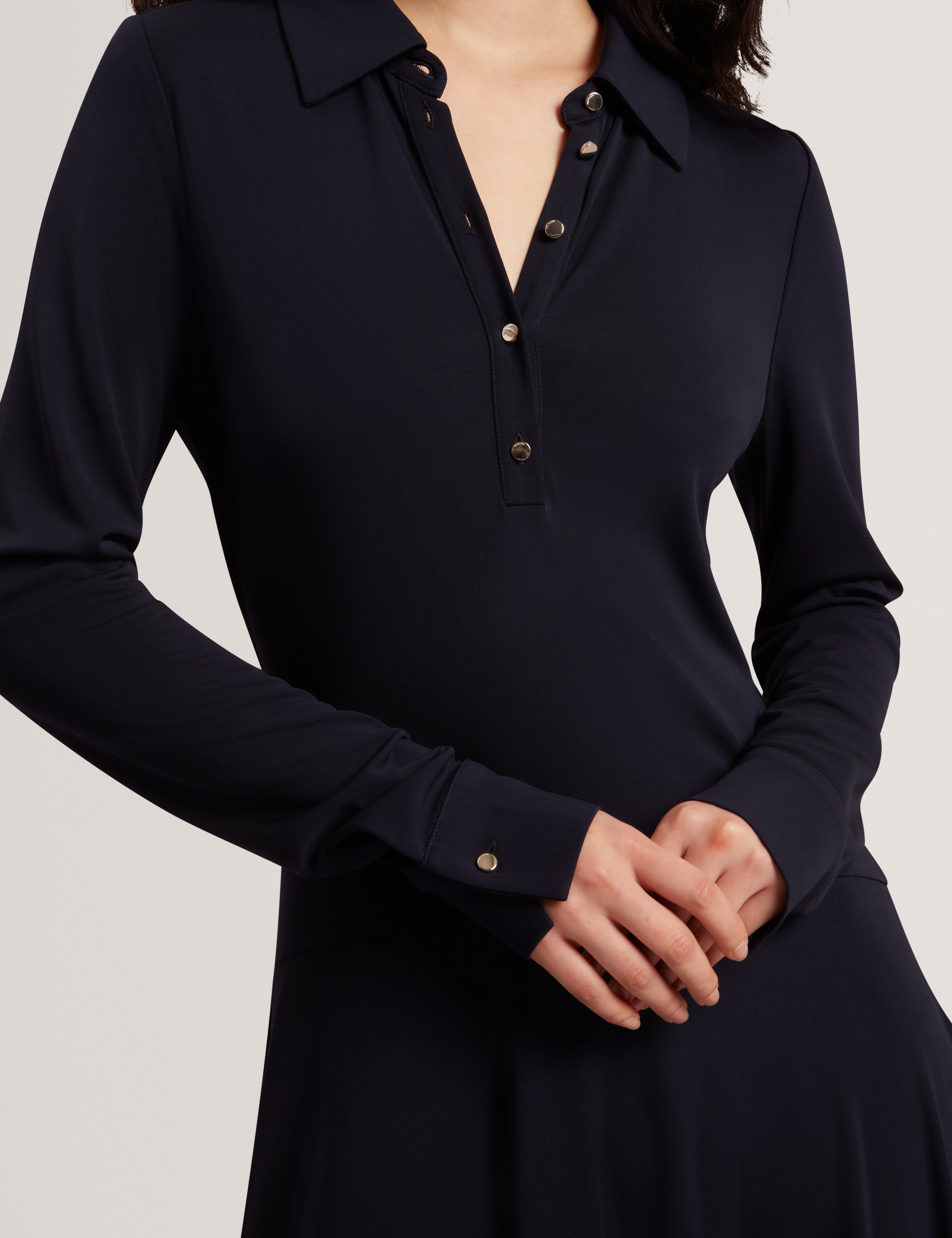 Talyahh Crepe Jersey Button Down Collared Midi Dress Navy