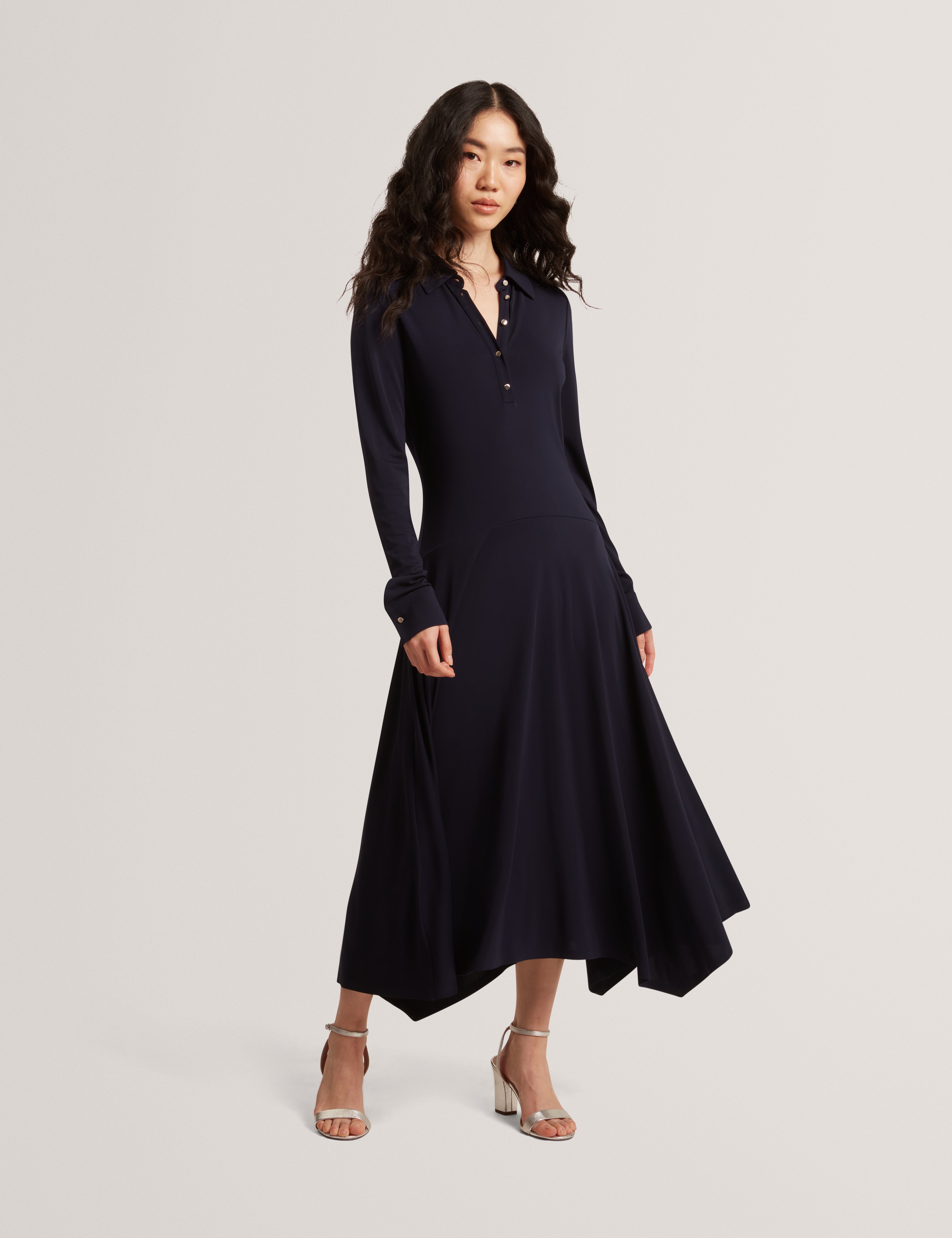Talyahh Crepe Jersey Button Down Collared Midi Dress Navy
