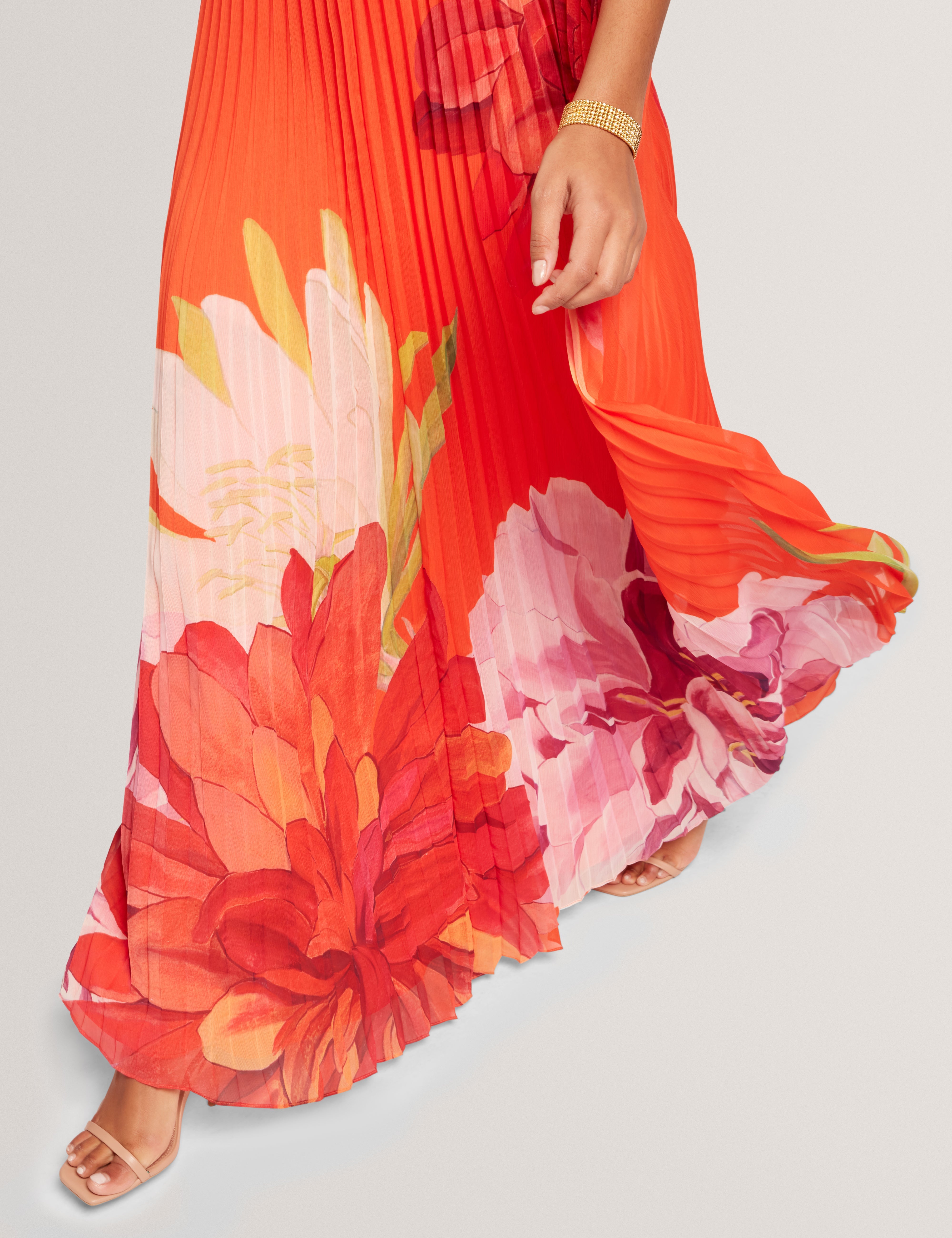 Materva Printed Halter Neck Pleated Maxi Dress Orange