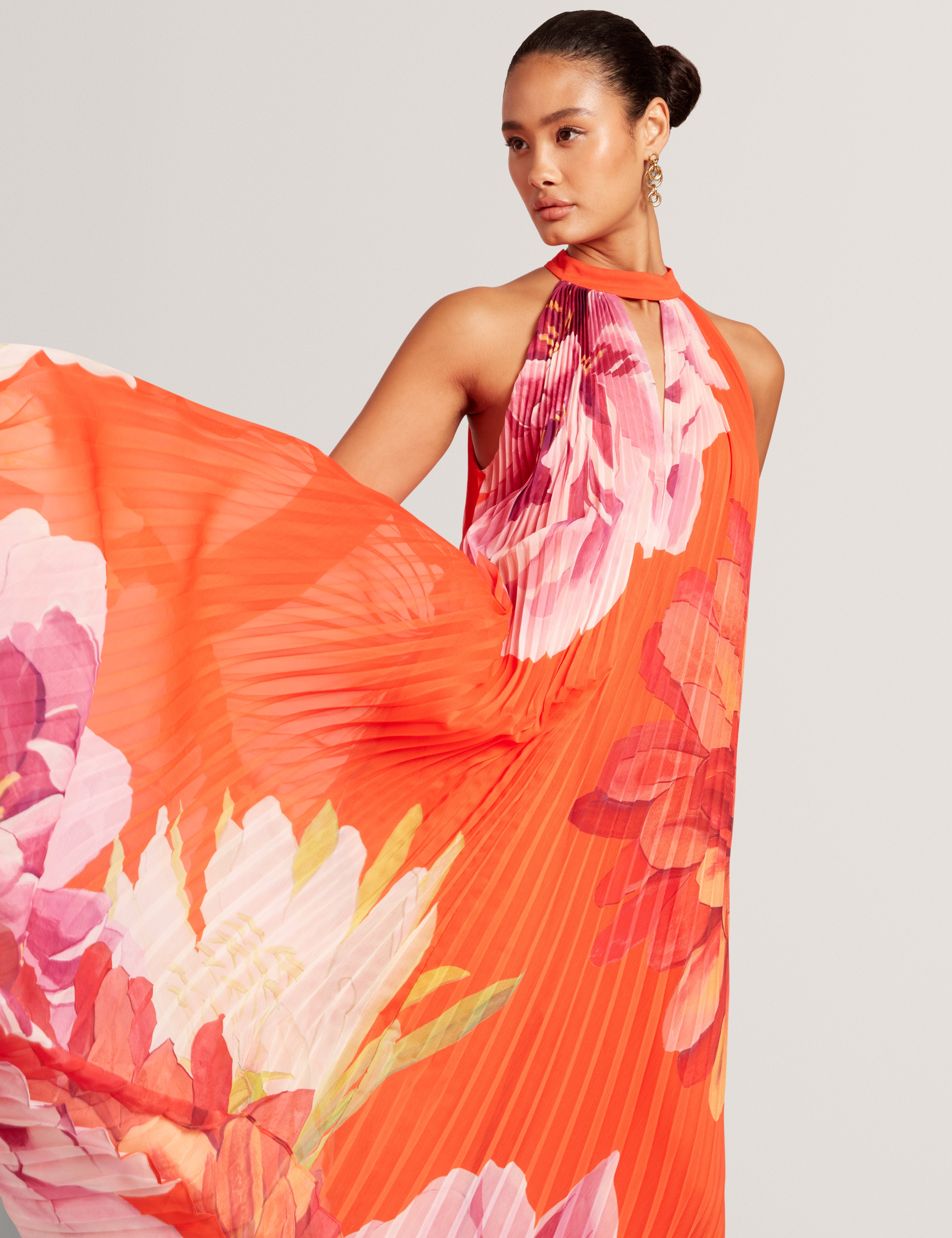 Materva Printed Halter Neck Pleated Maxi Dress Orange