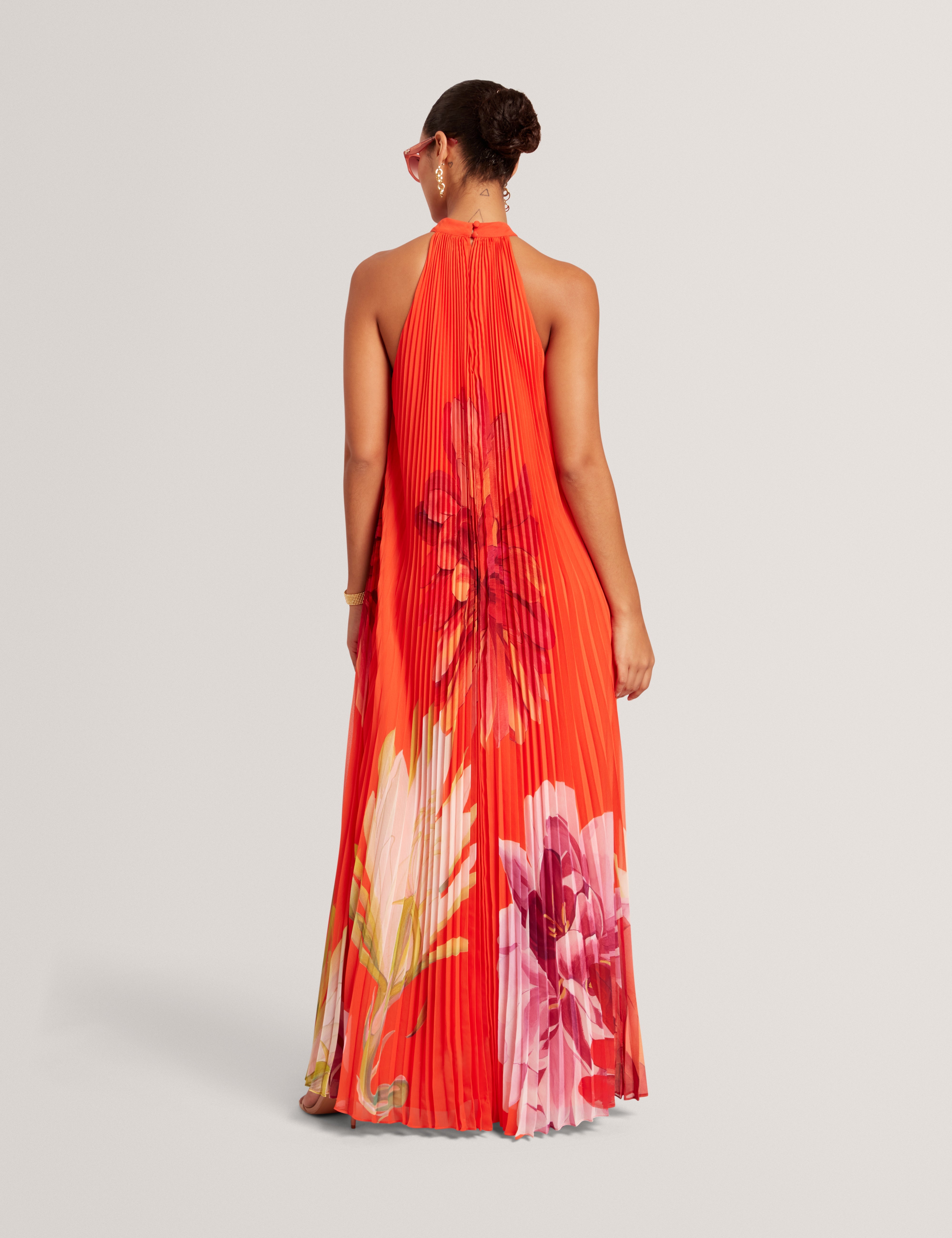 Materva Printed Halter Neck Pleated Maxi Dress Orange
