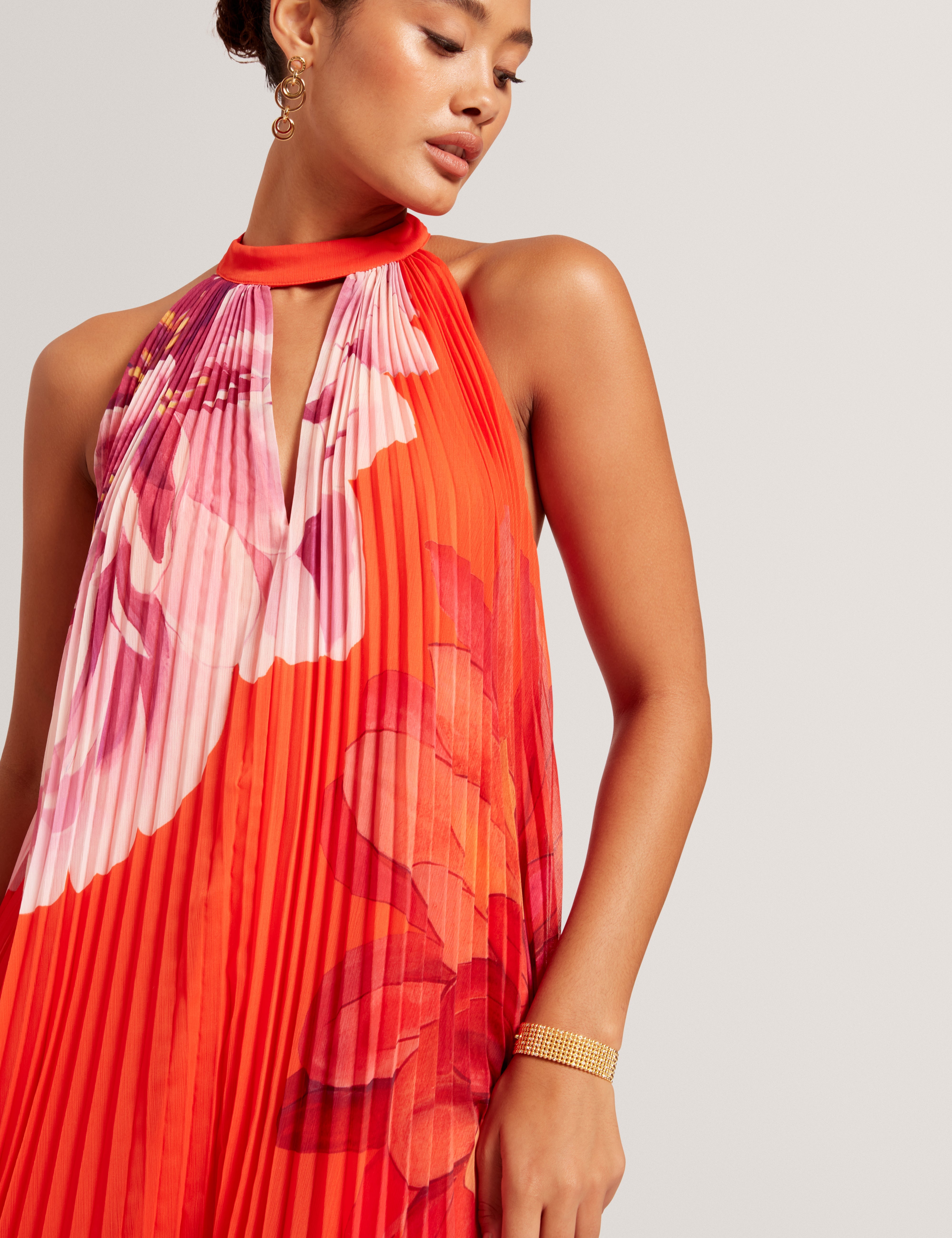 Materva Printed Halter Neck Pleated Maxi Dress Orange