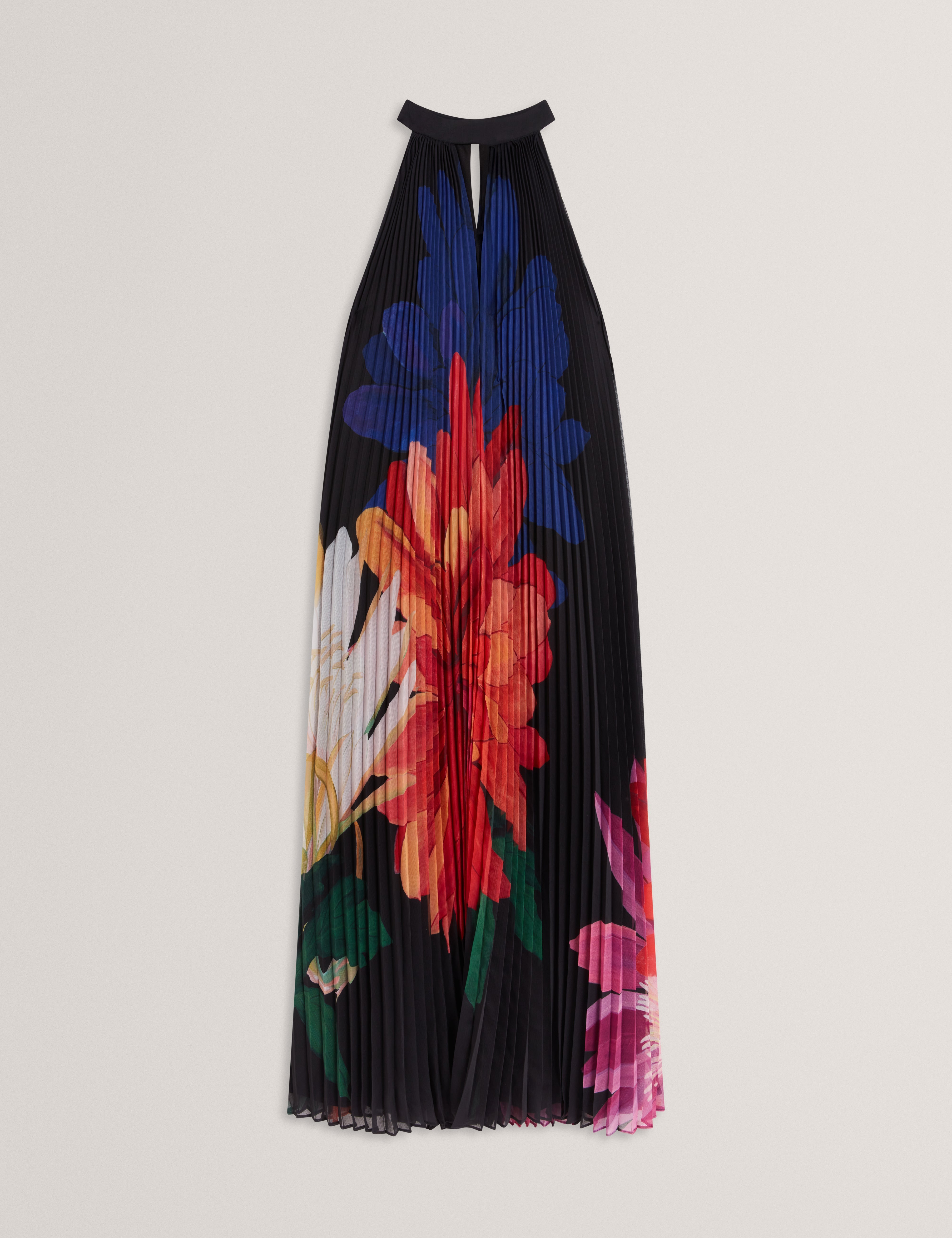 Scotlia Printed Halter Neck Pleated Maxi Dress Black