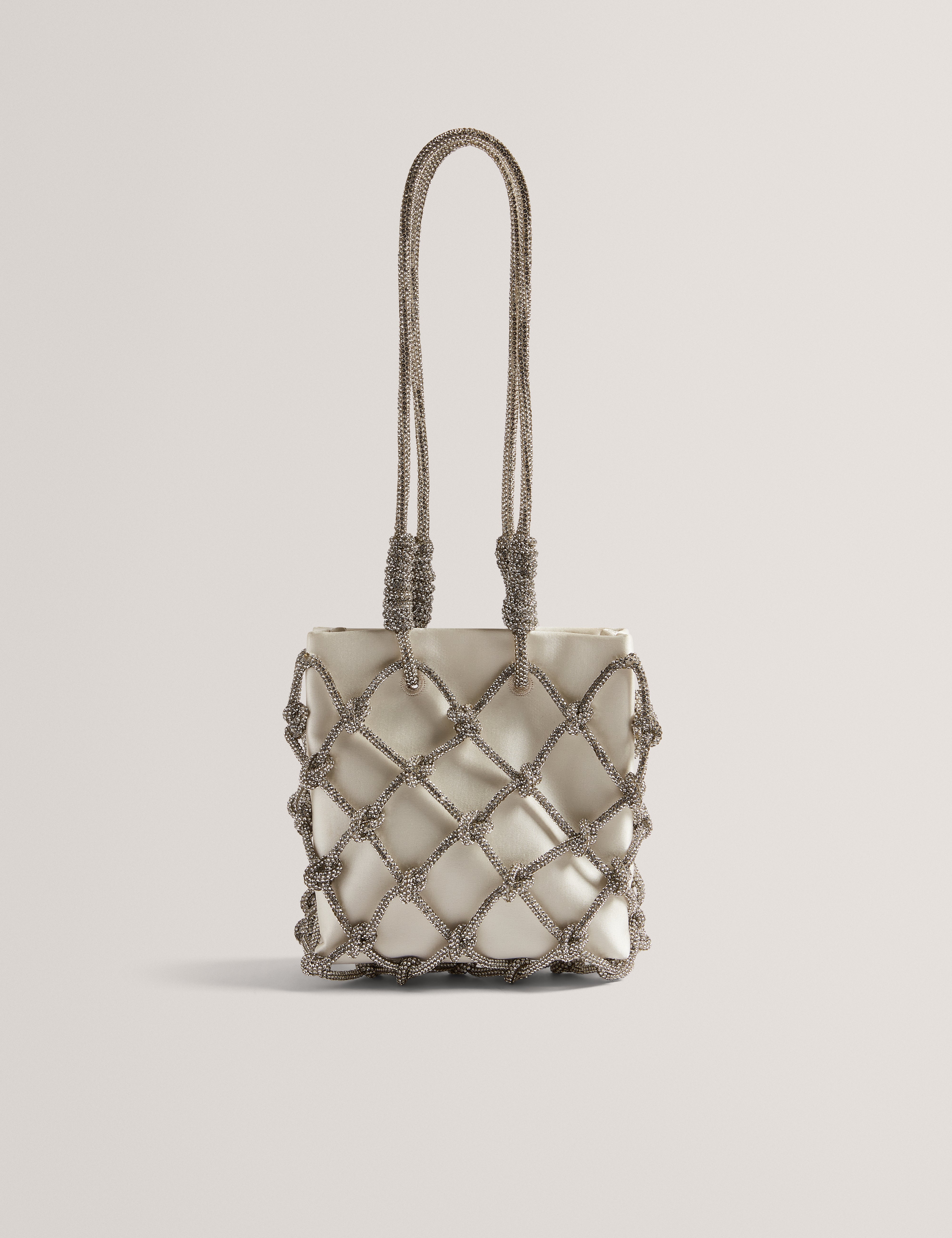Kylia Knotted Crystal Top Handle Square Bag Ivory
