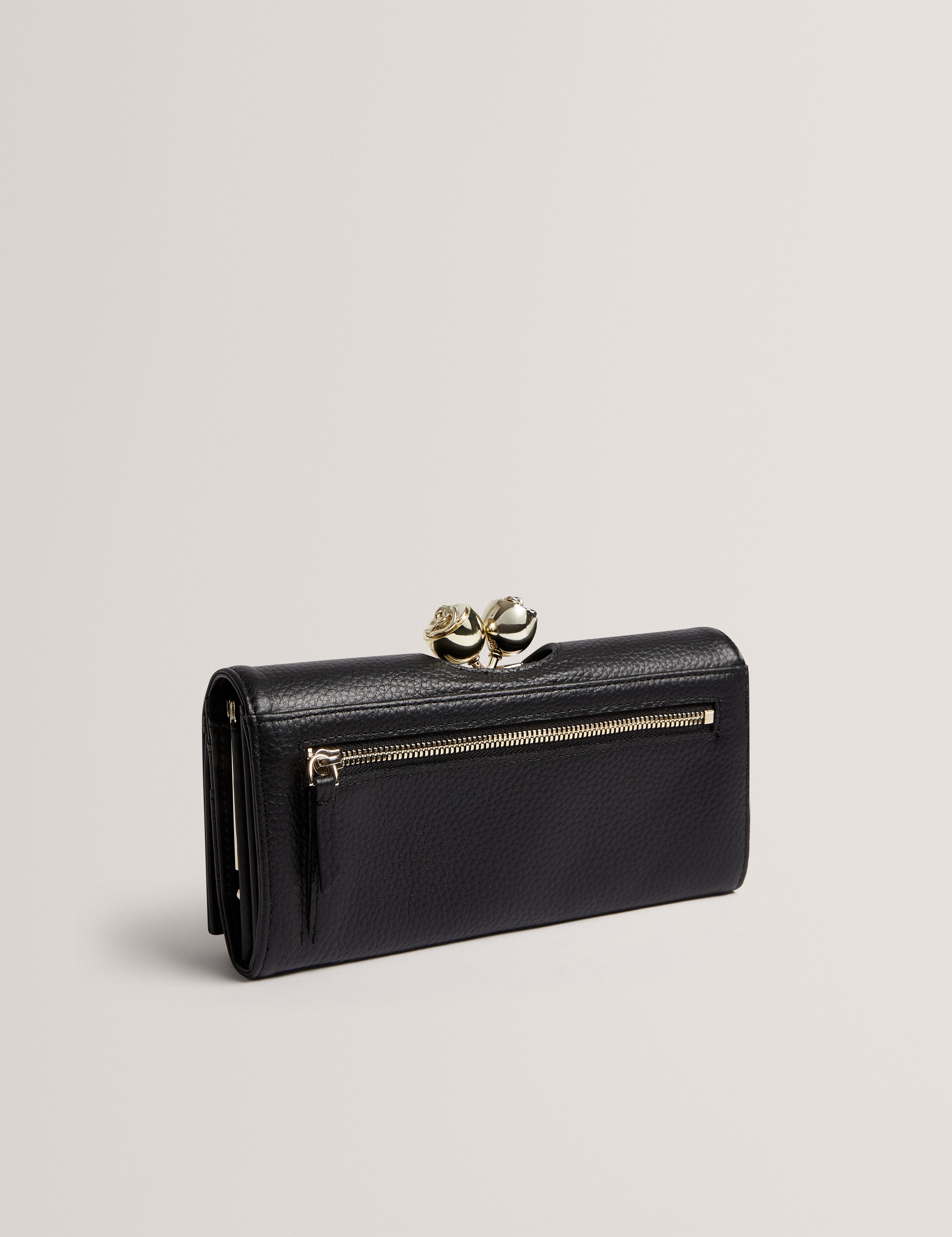 Roosali Rose Detail Leather Large Bobble Purse Black