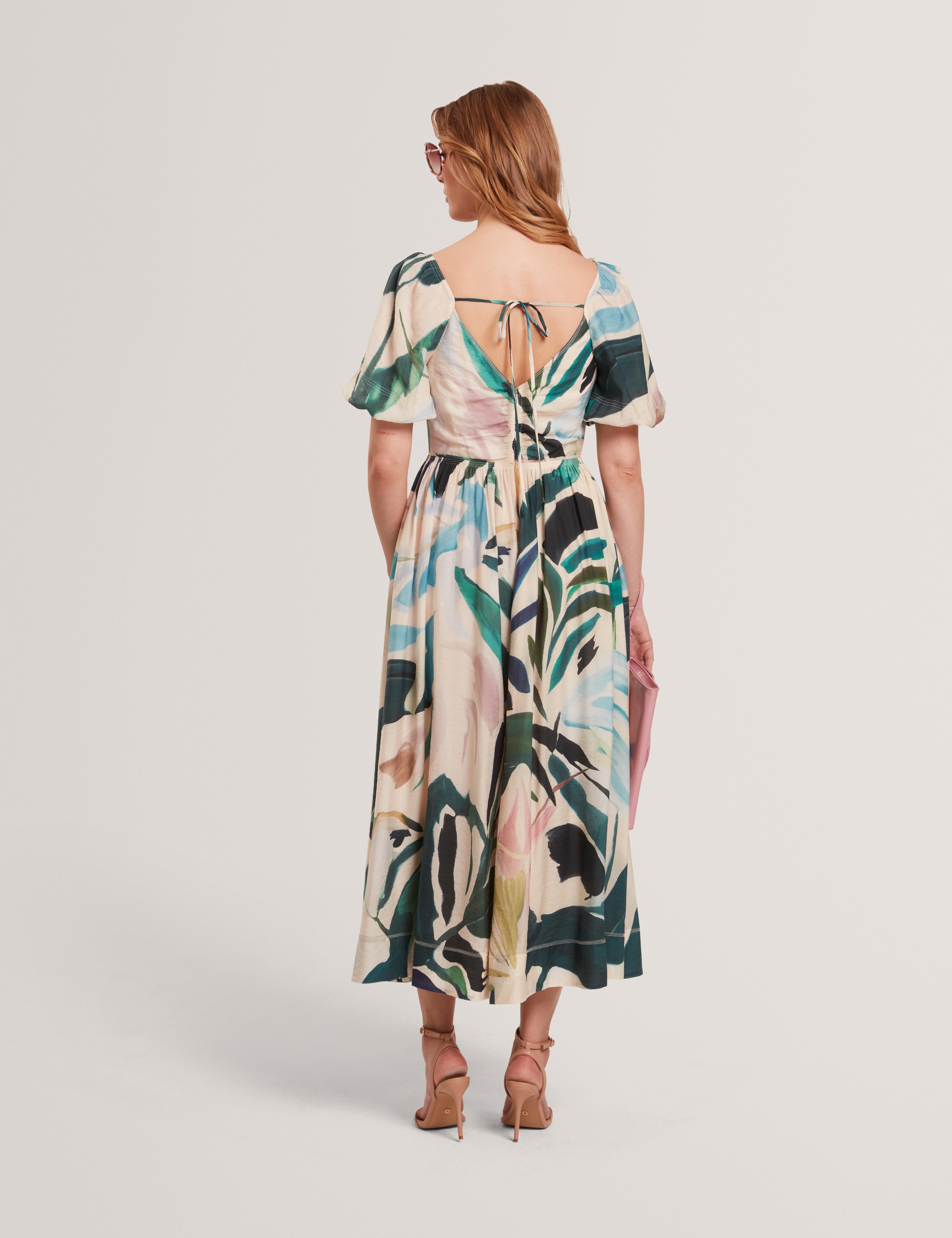 Moyla Printed Puff Sleeve Ruched Detail Midi Dress Nude-Pink