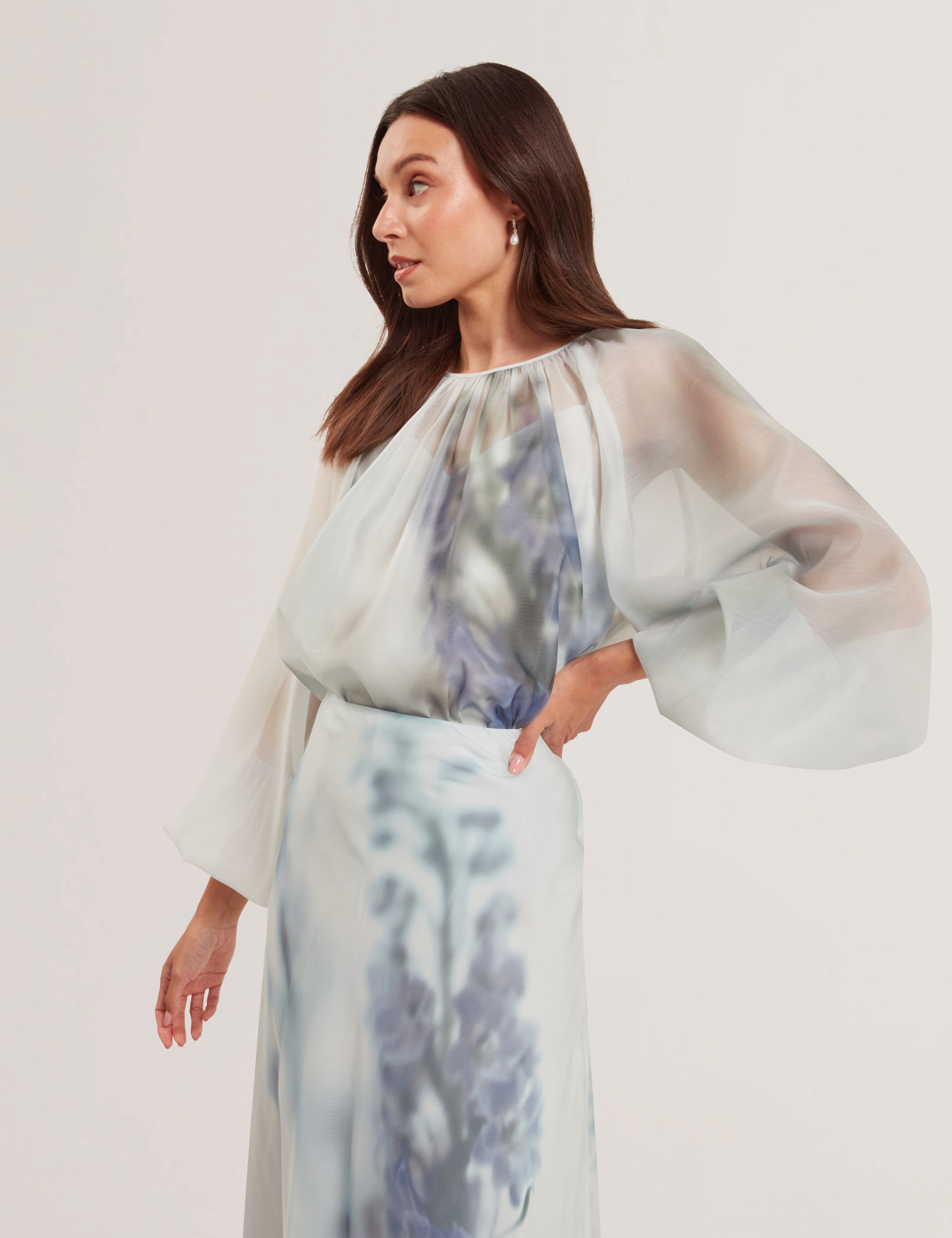 Mylesee Printed Organza Puff Sleeve Blouse Lt-Green