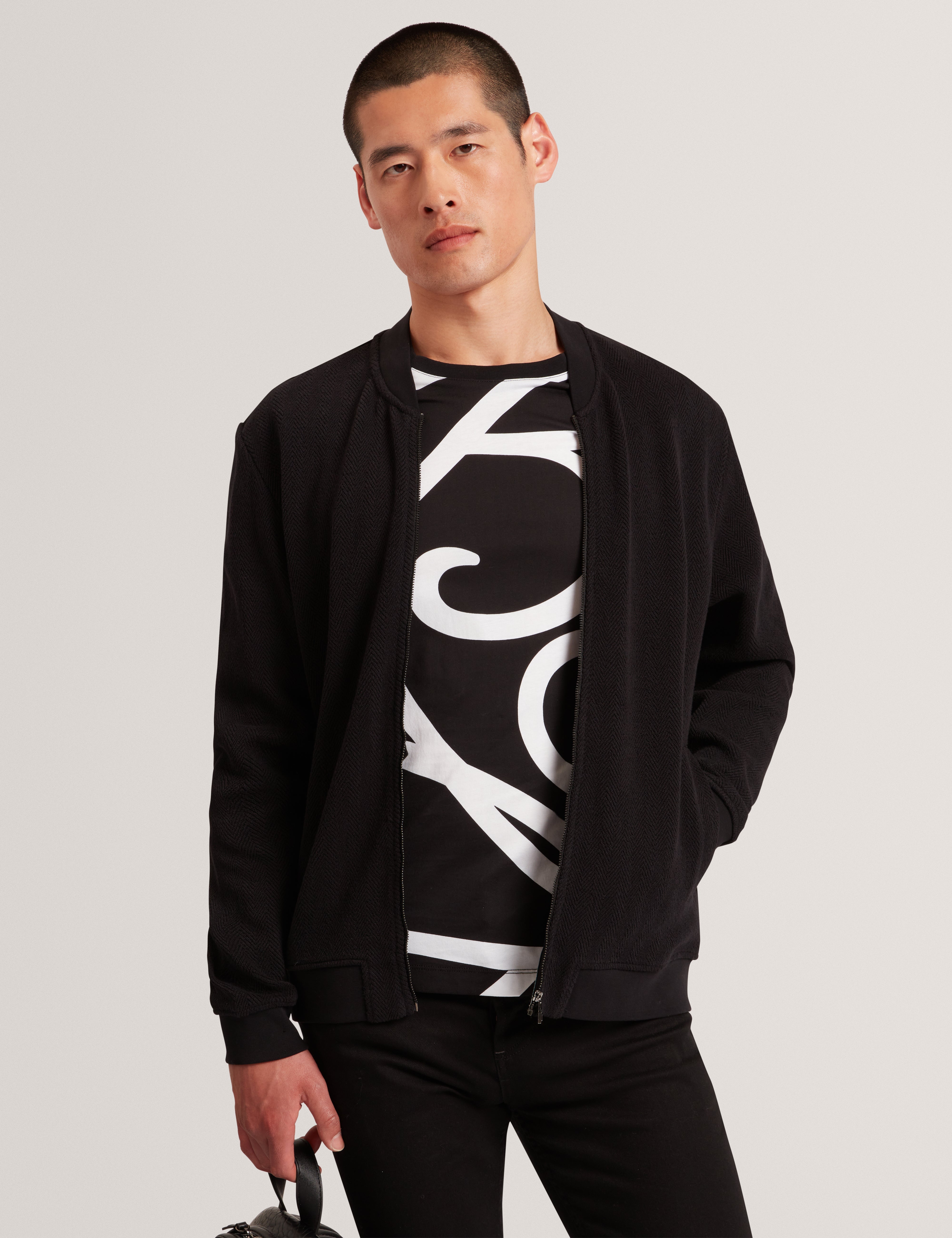 Branis Herringbone Texture Bomber Jacket Black