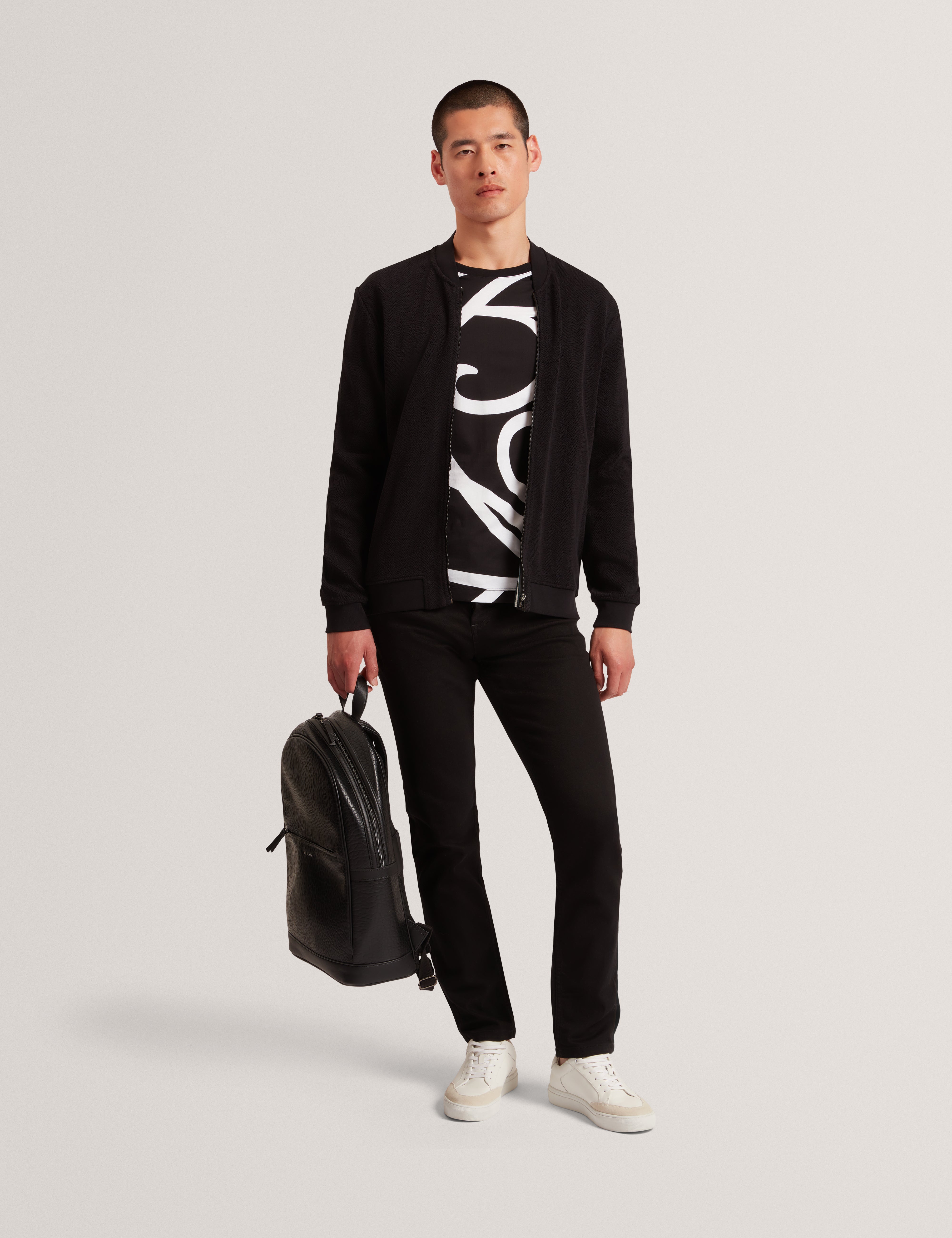 Branis Herringbone Texture Bomber Jacket Black