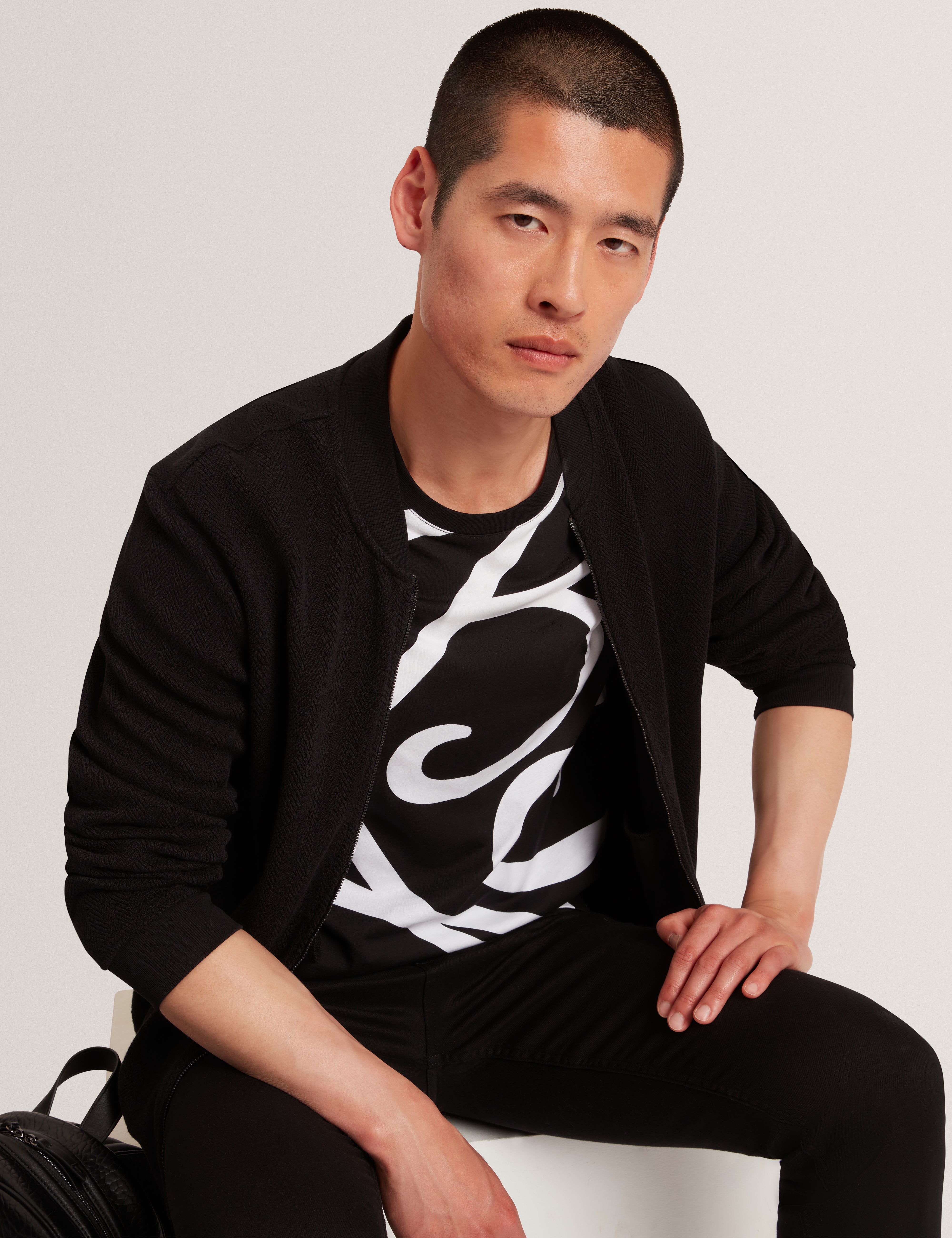 Branis Herringbone Texture Bomber Jacket Black