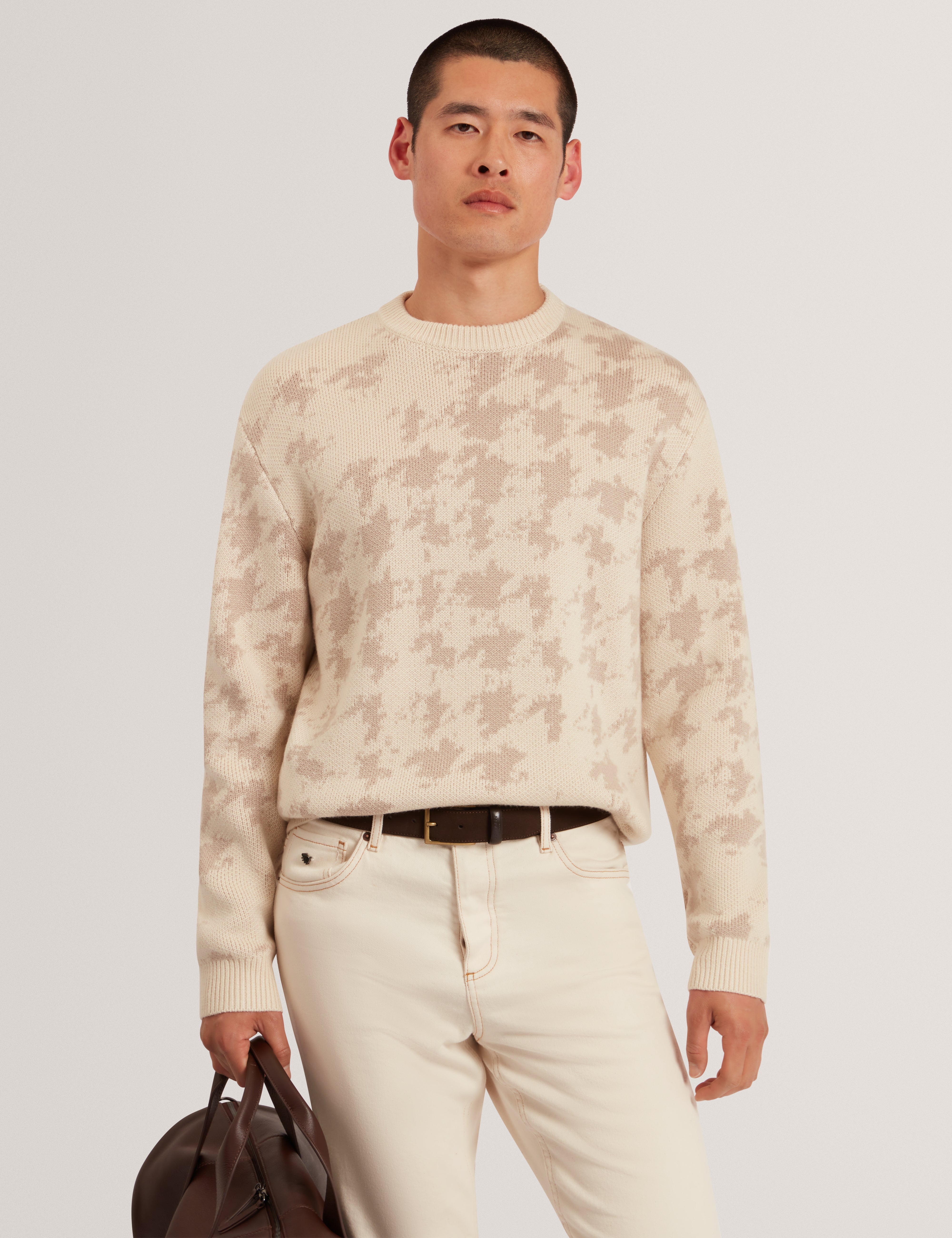 Zendayd Ribbed Houndstooth Crew Neck Ecru