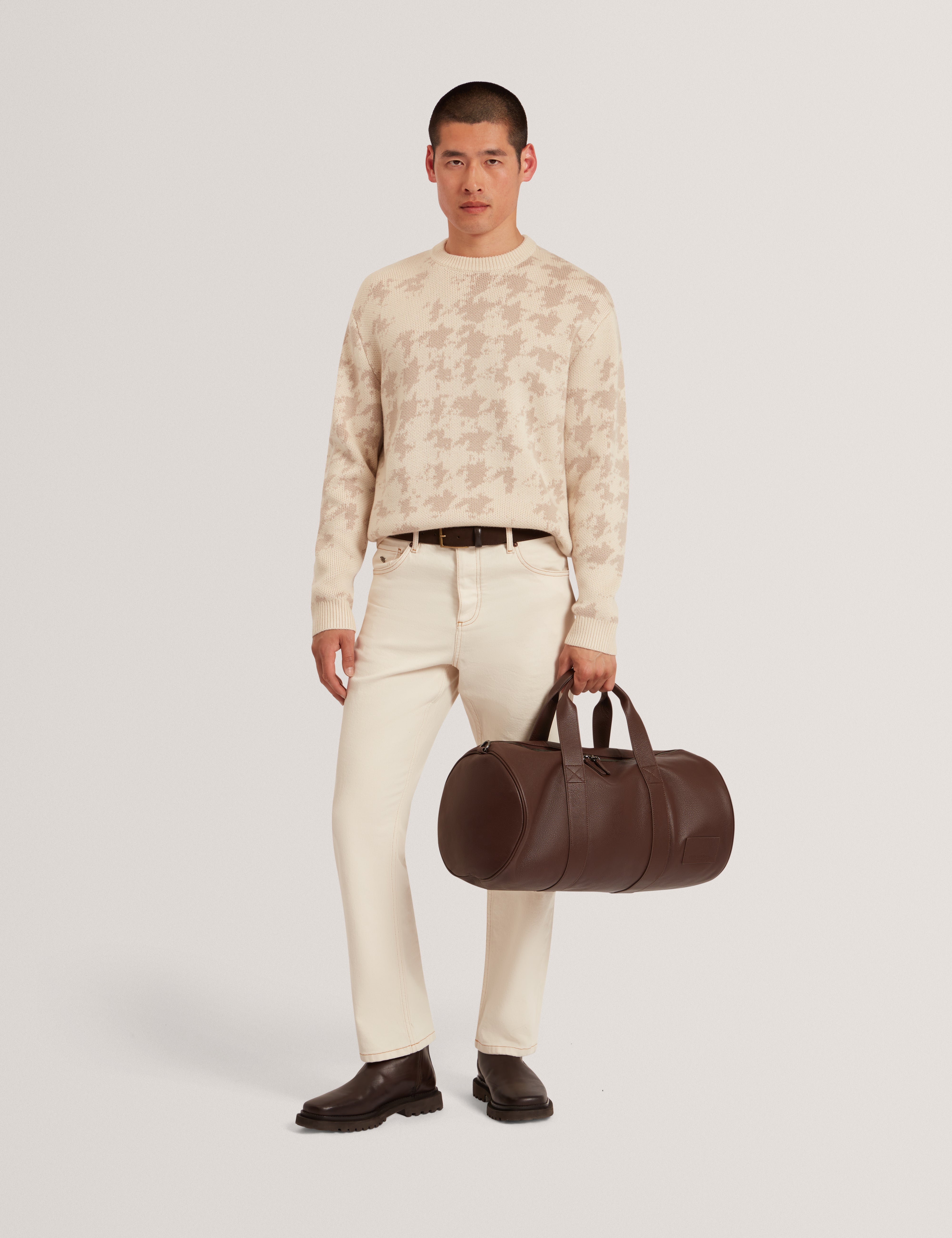 Zendayd Ribbed Houndstooth Crew Neck Ecru