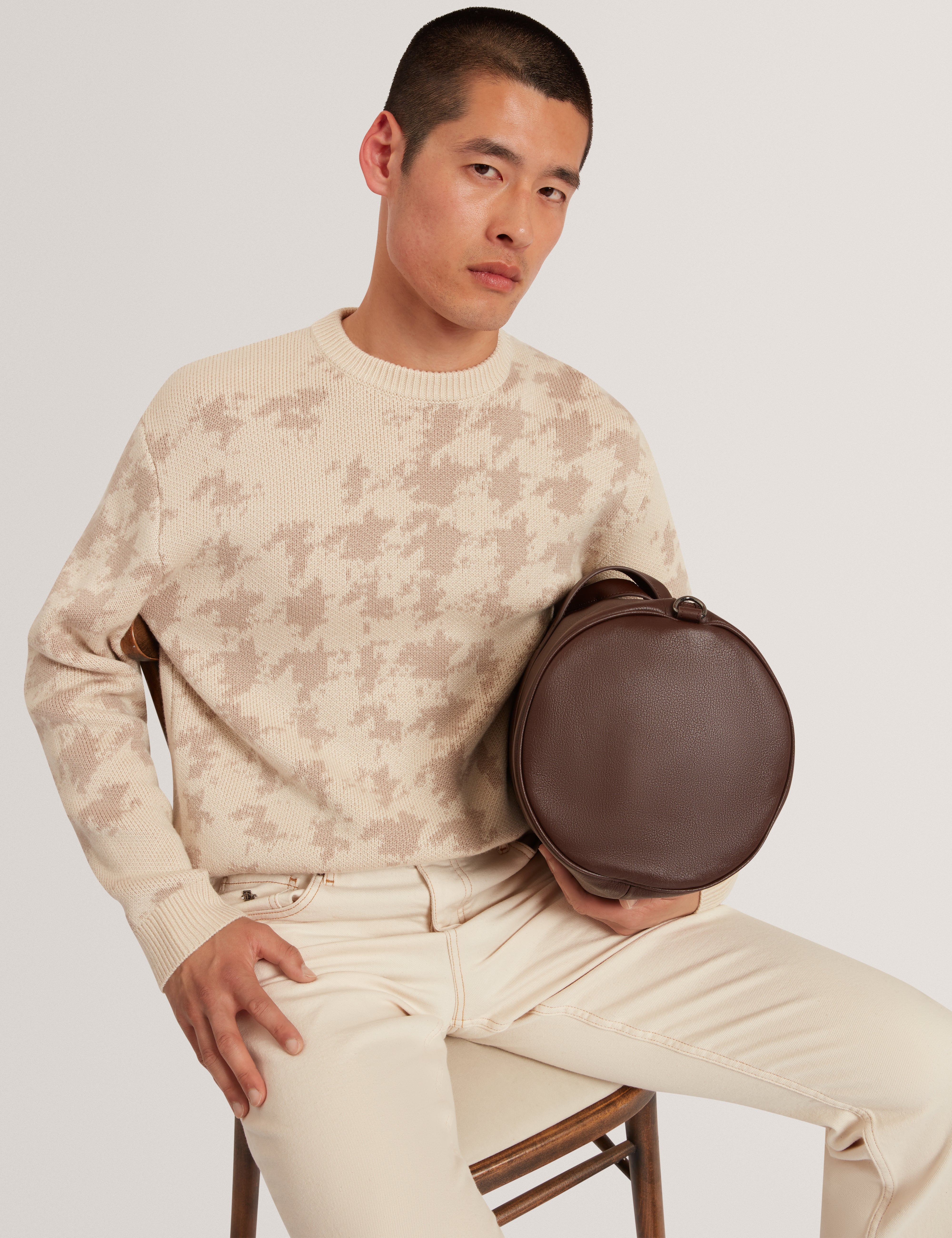 Zendayd Ribbed Houndstooth Crew Neck Ecru
