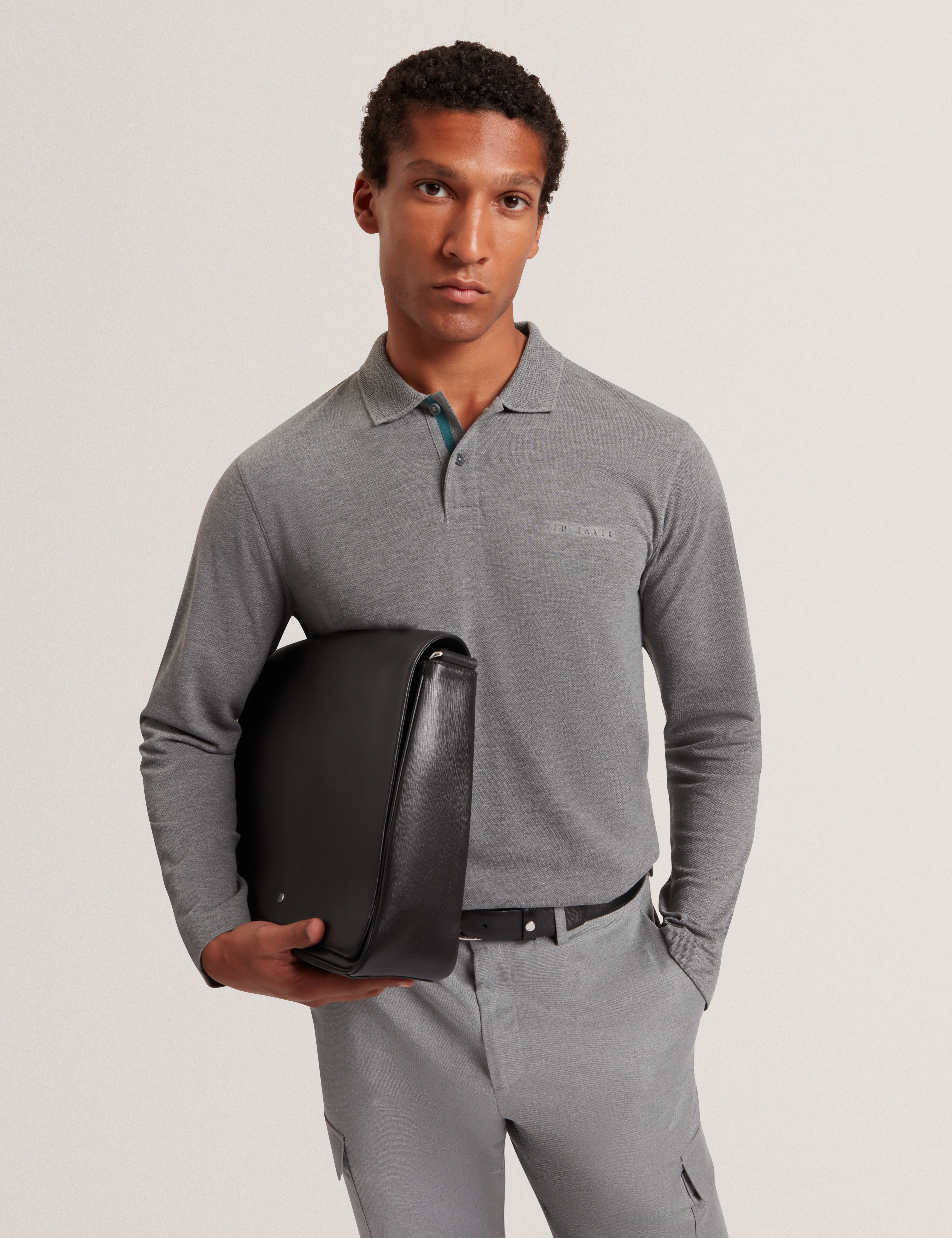 Woan Branded Honeycomb Trim Ls Polo Mid-Grey