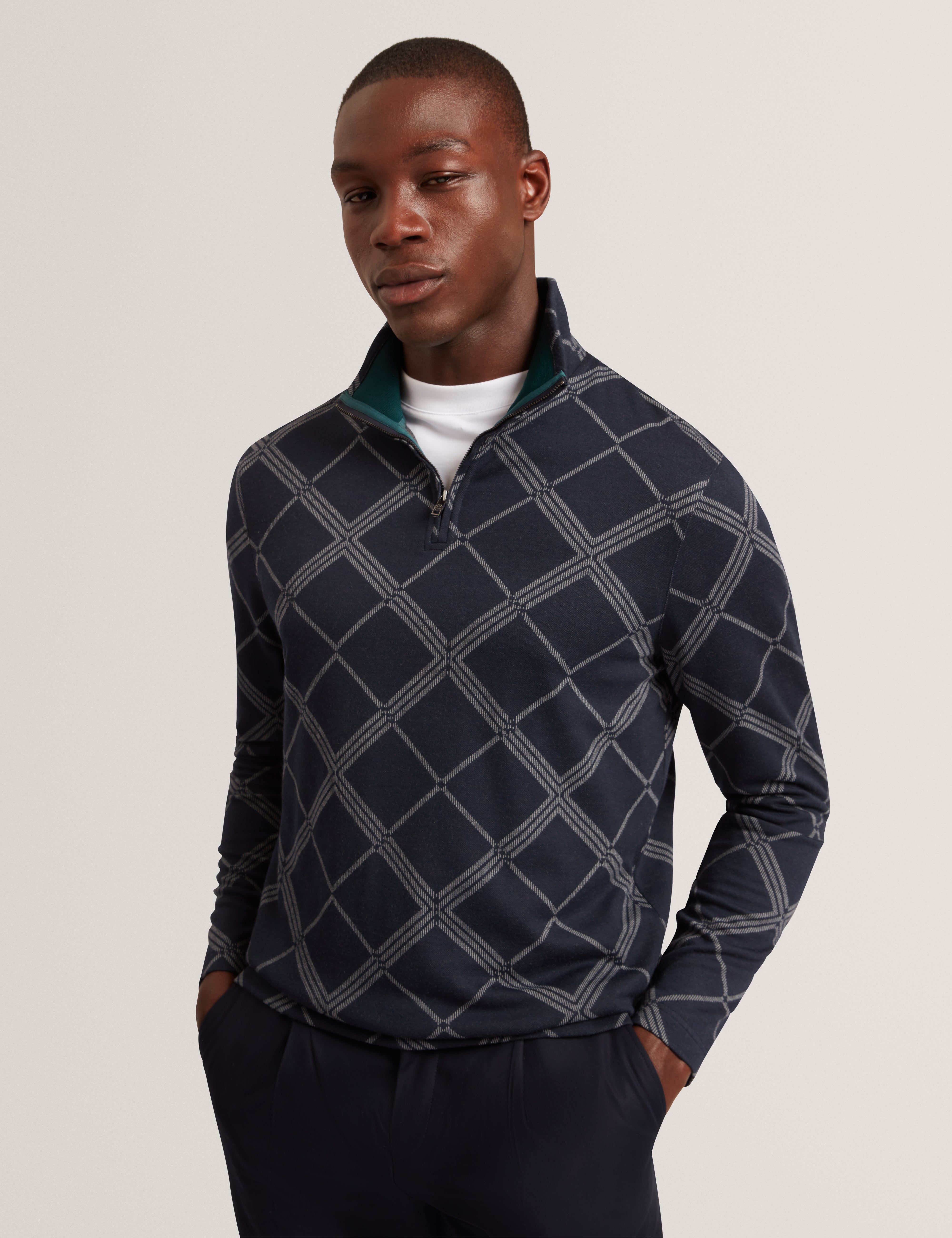 Kafii Argyle Jacquard Half Zip Navy