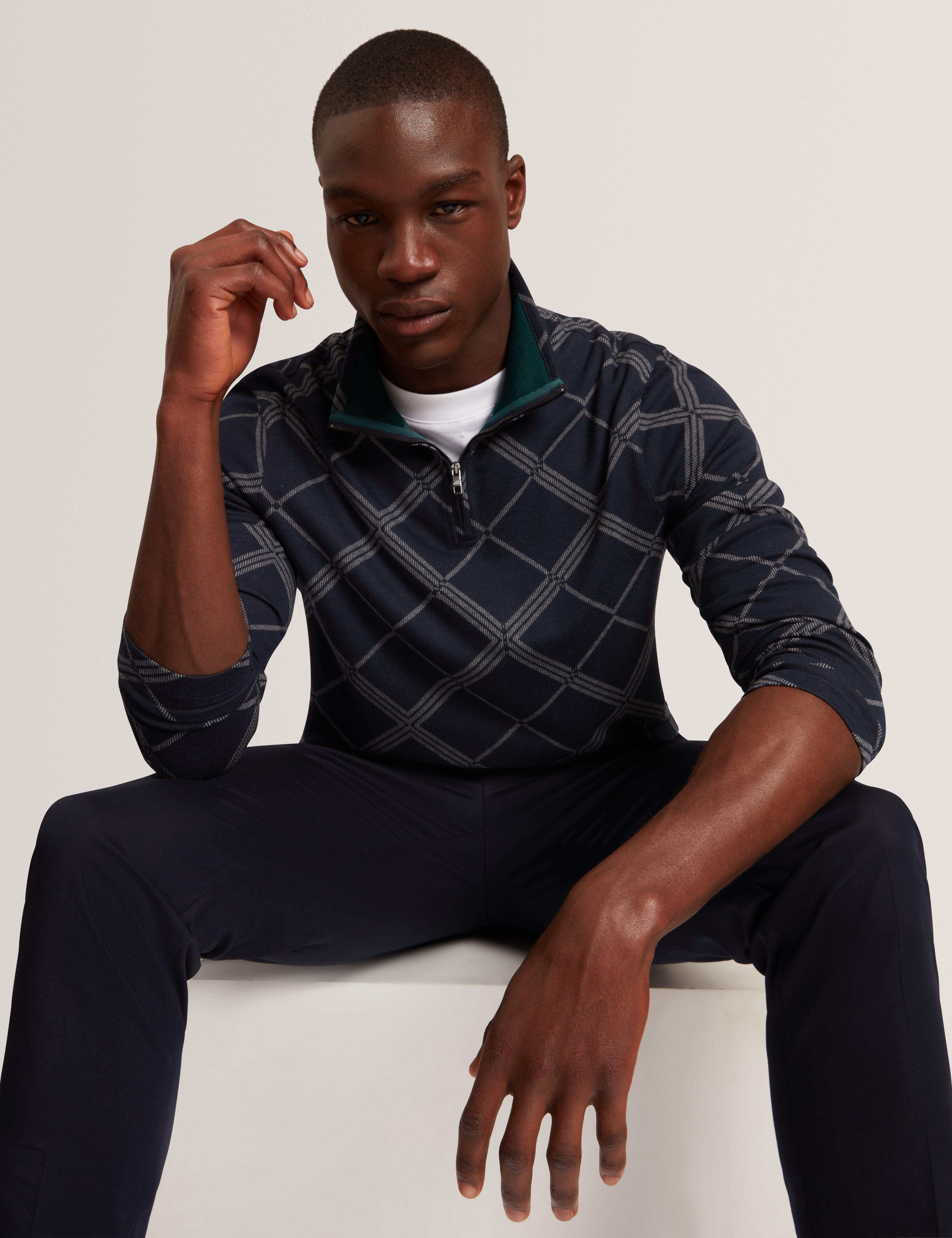Kafii Argyle Jacquard Half Zip Navy