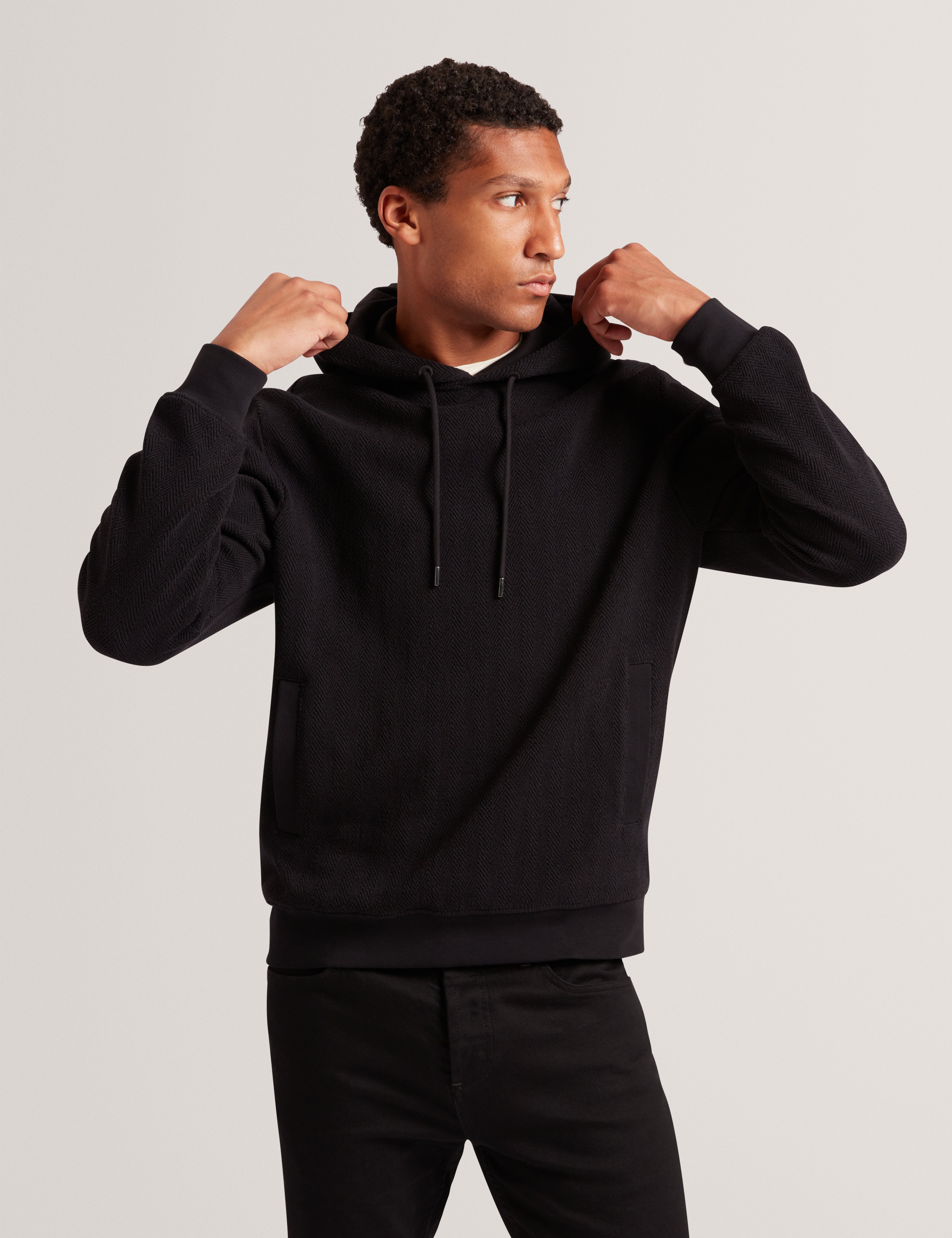 Seatle Herringbone Texture Hoodie Black