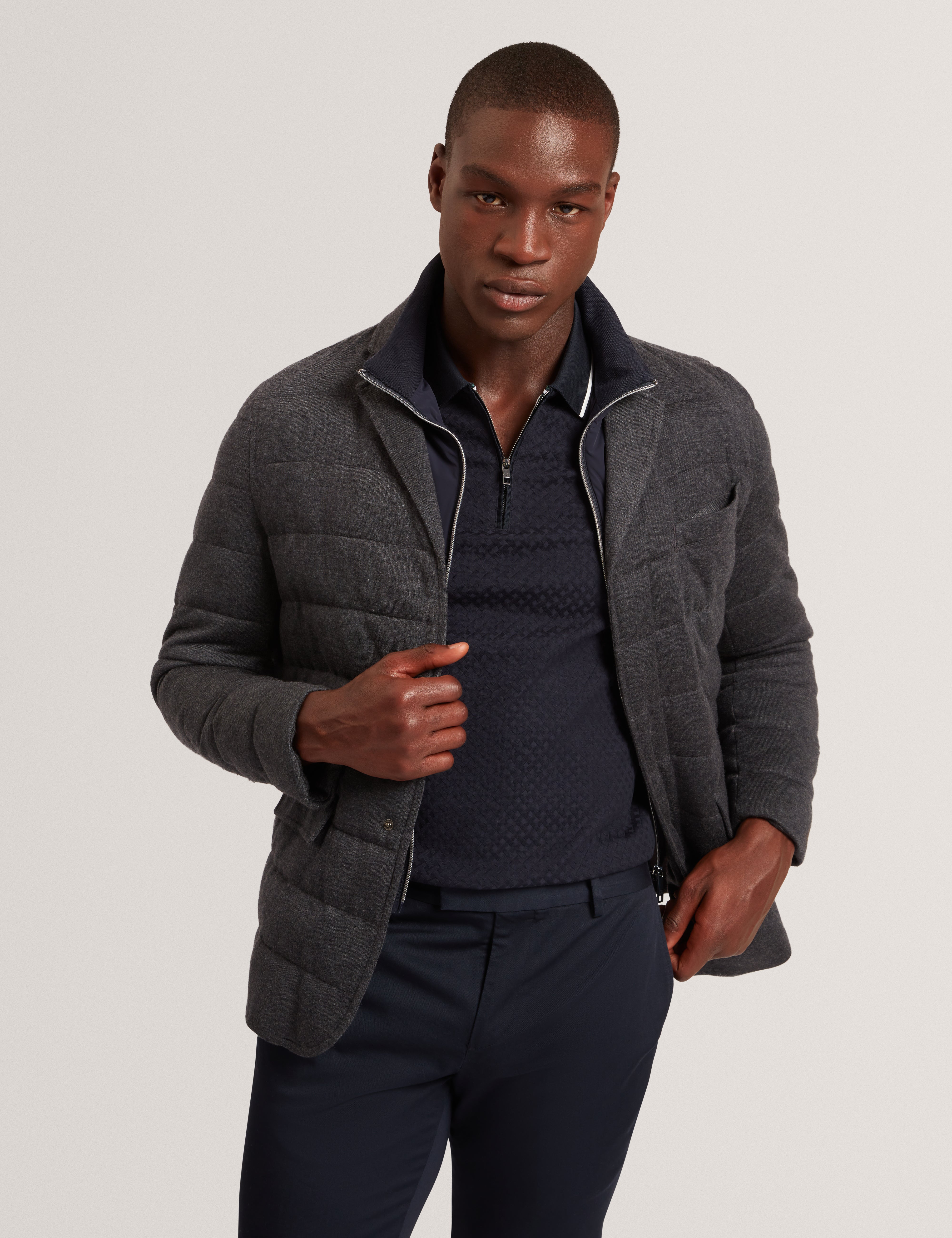 Gerome Fine Knit Quilted Blazer With Mock Liner Charcoal