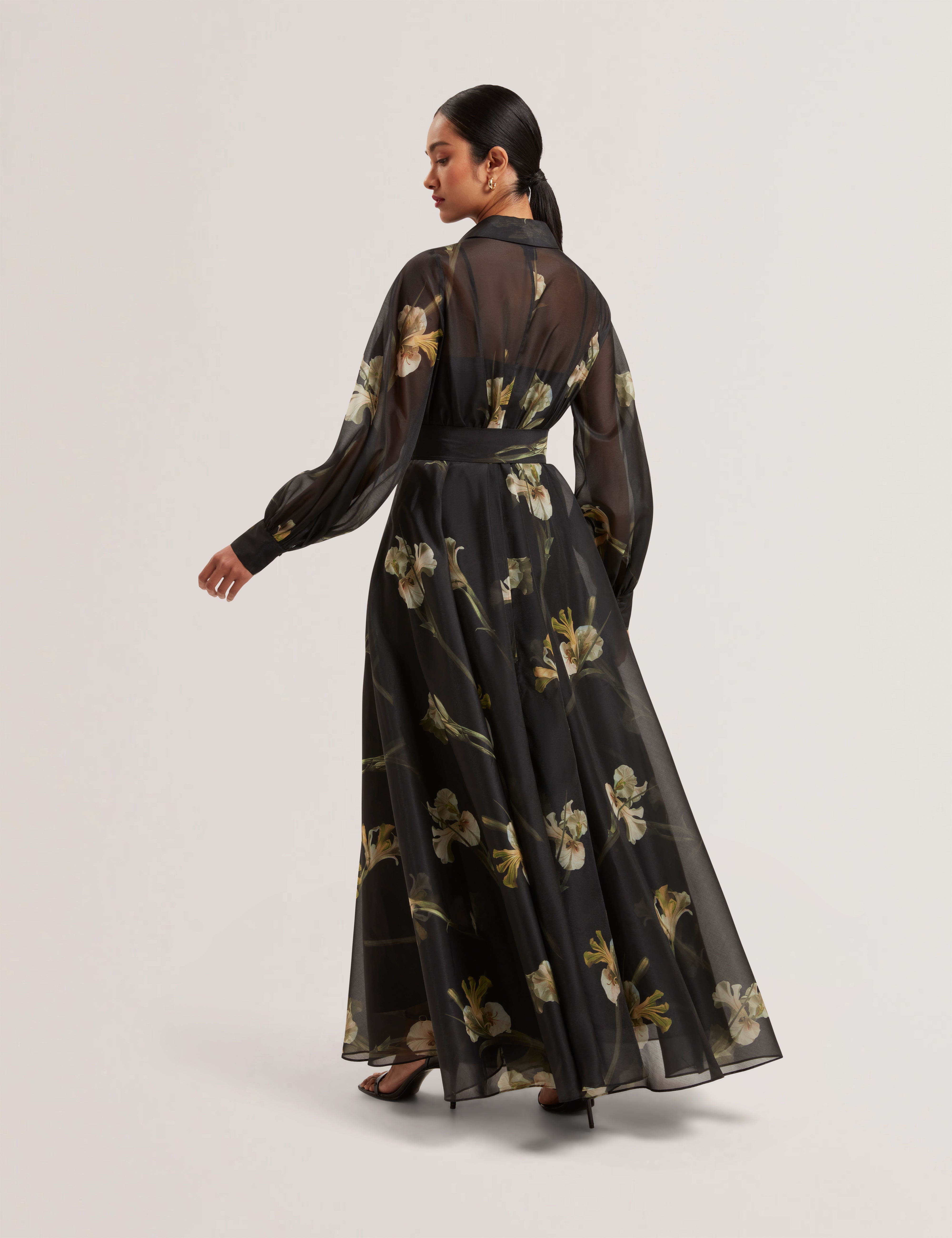 Liorral Printed Organza Belted Maxi Dress Black