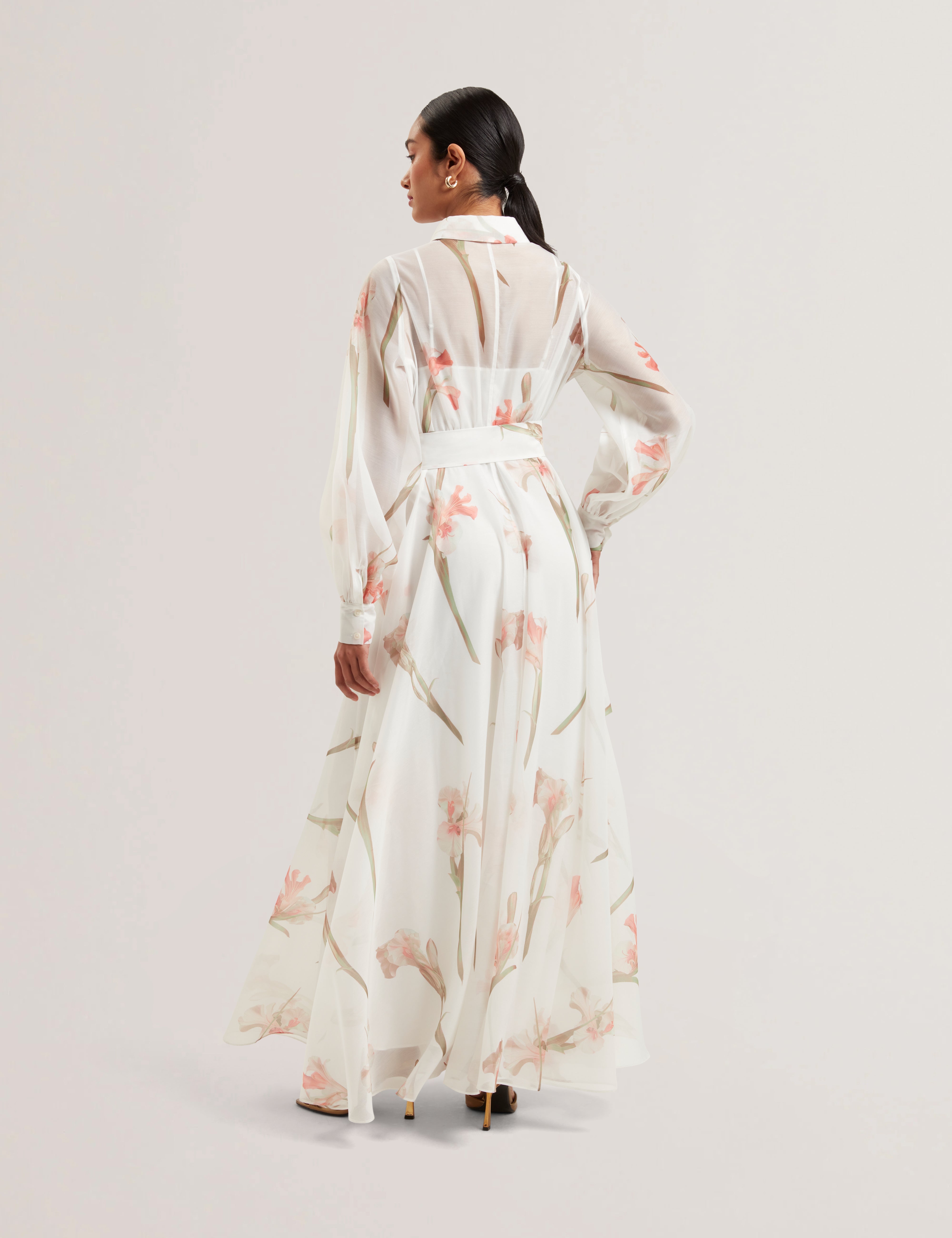 Liorral Printed Organza Belted Maxi Dress Ivory