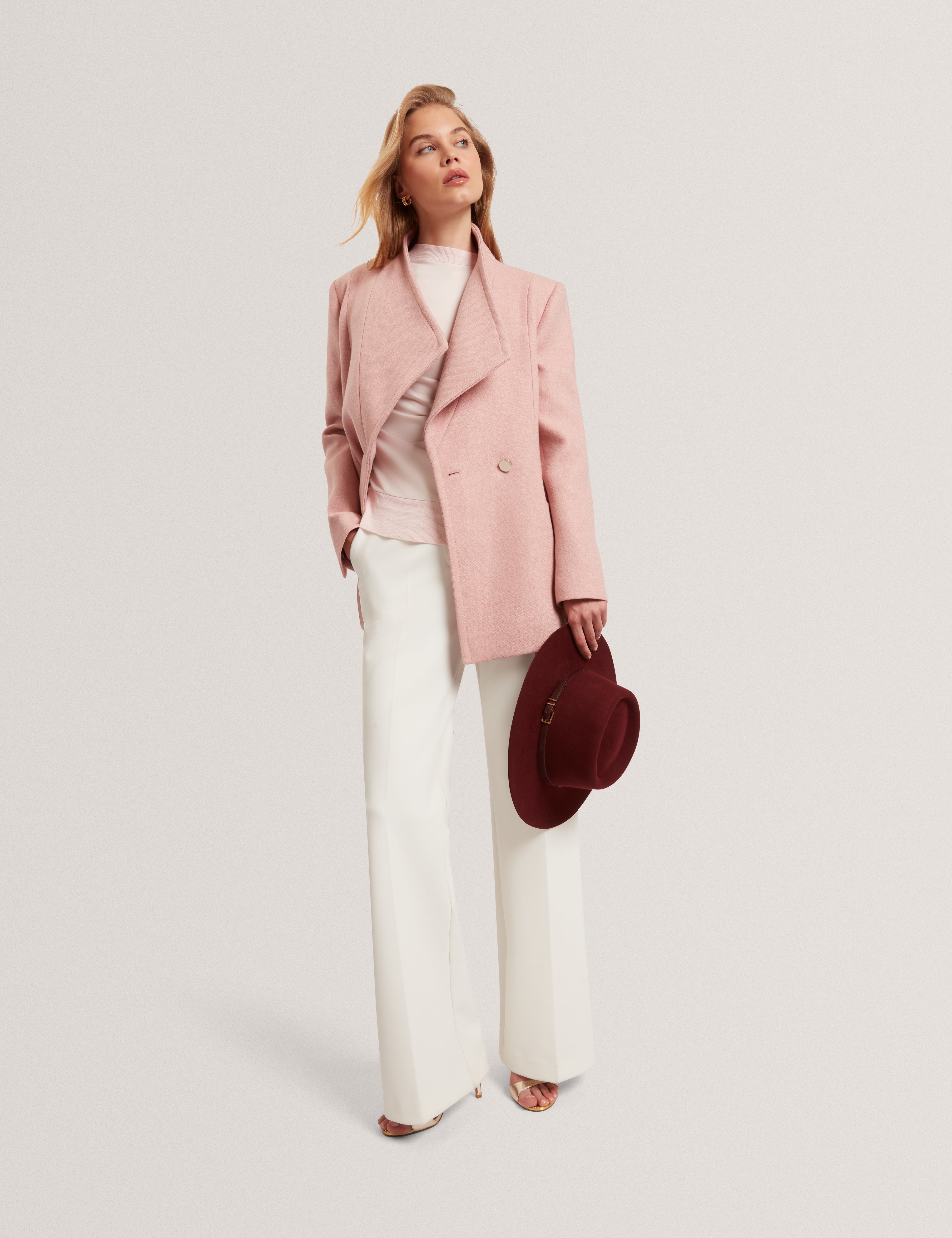 Evigna Double Faced Wool Short Sculpted Wrap Coat Pl-Pink