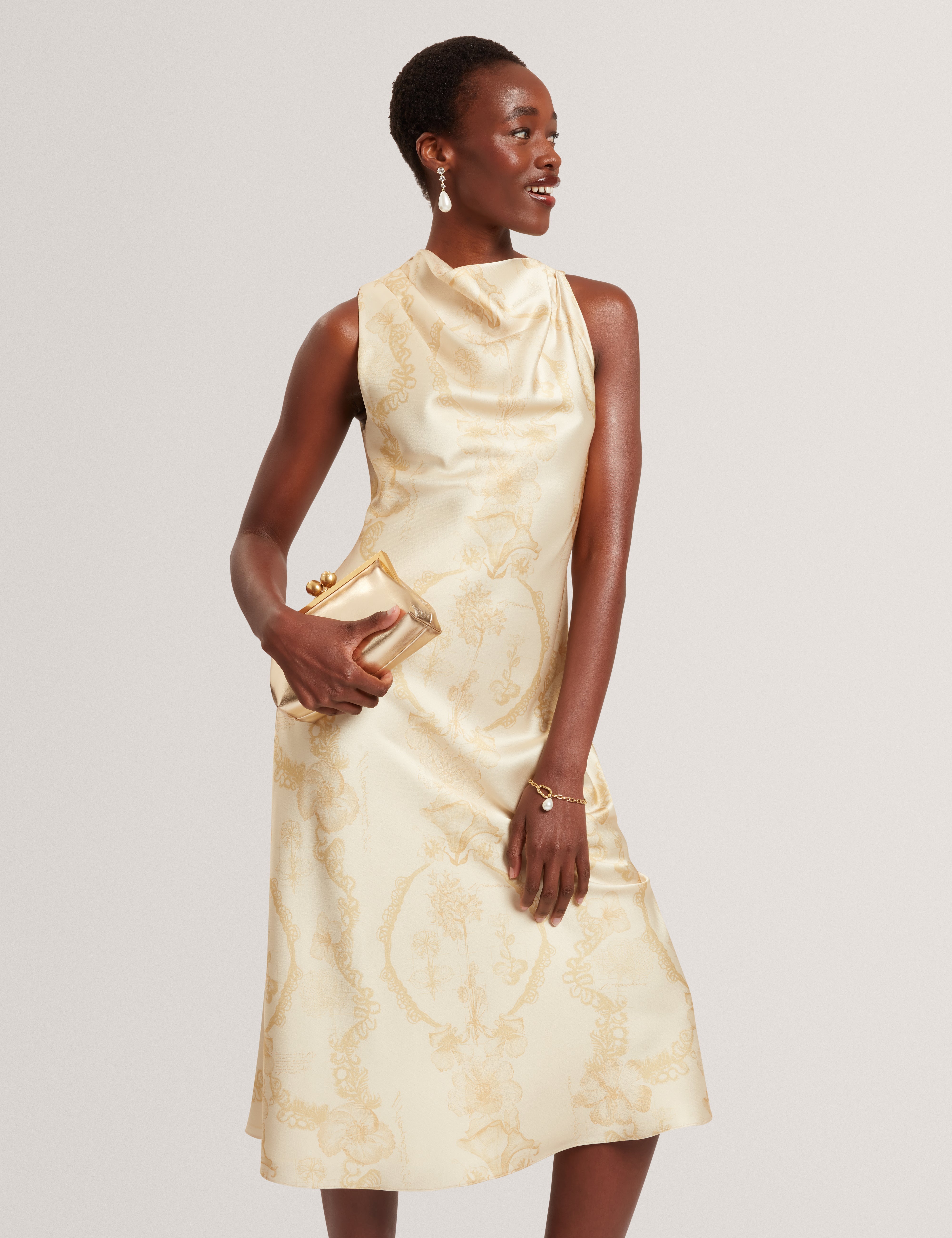 Meloda Print Drape Neck Midi Dress Lt-Yellow