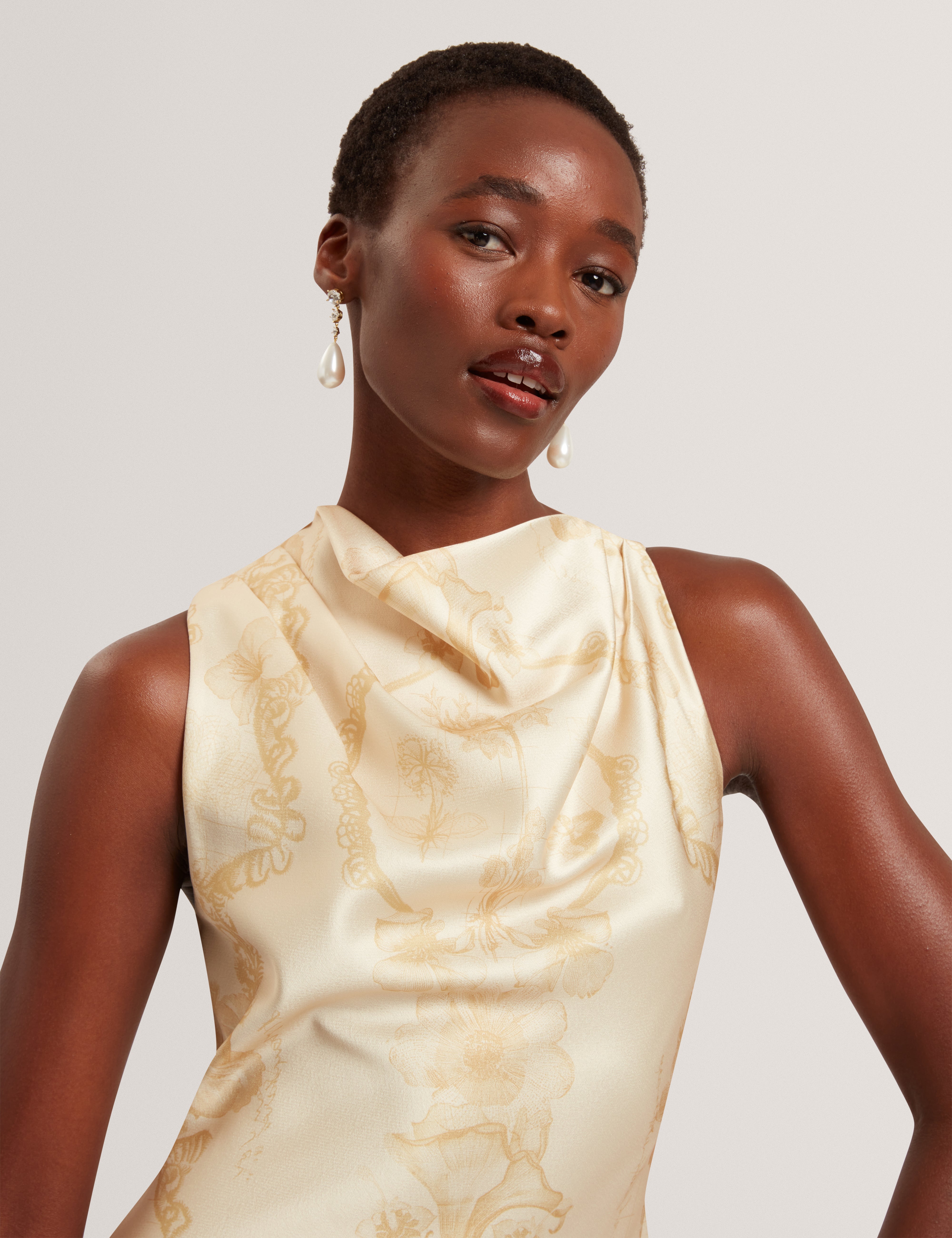 Meloda Print Drape Neck Midi Dress Lt-Yellow