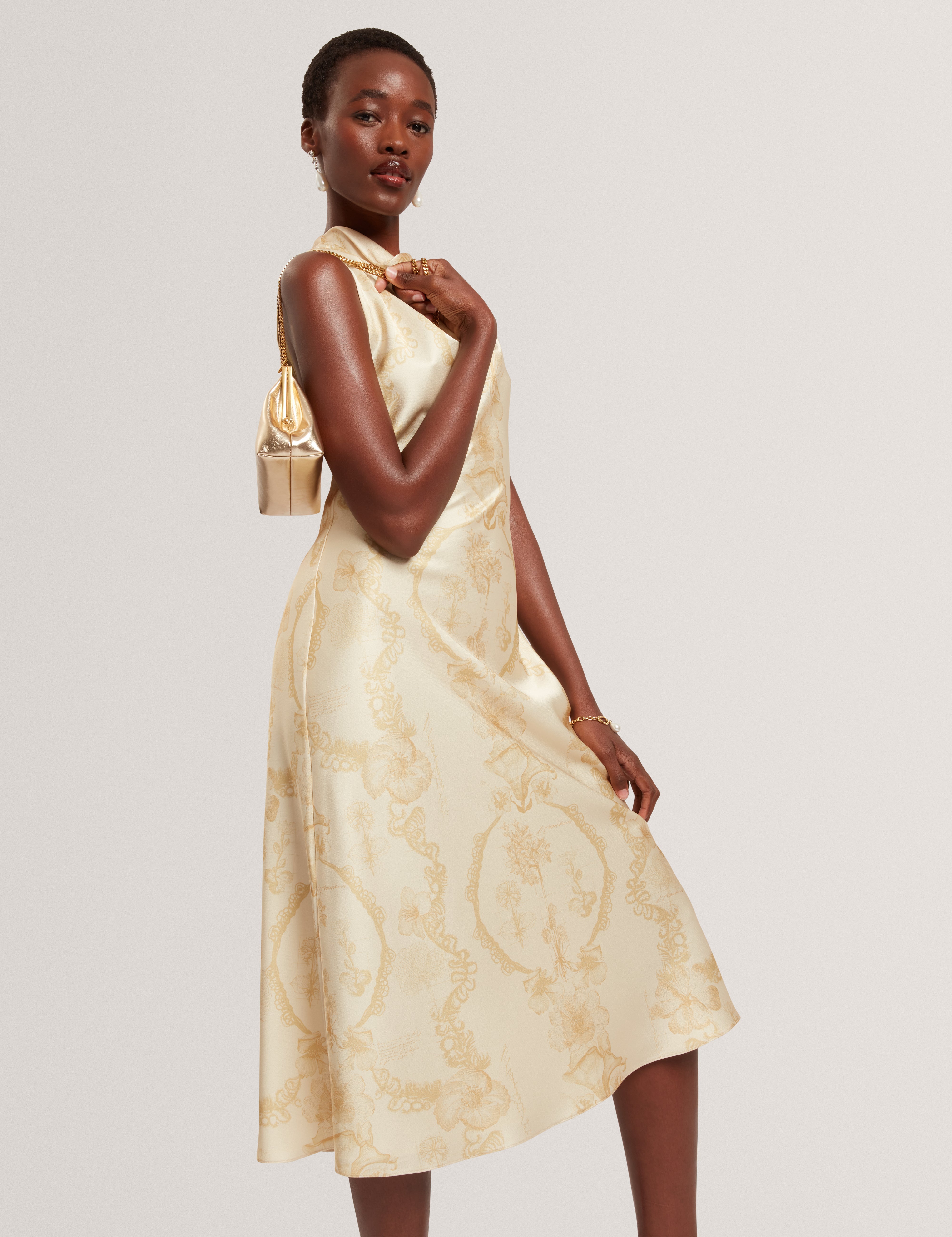 Meloda Print Drape Neck Midi Dress Lt-Yellow