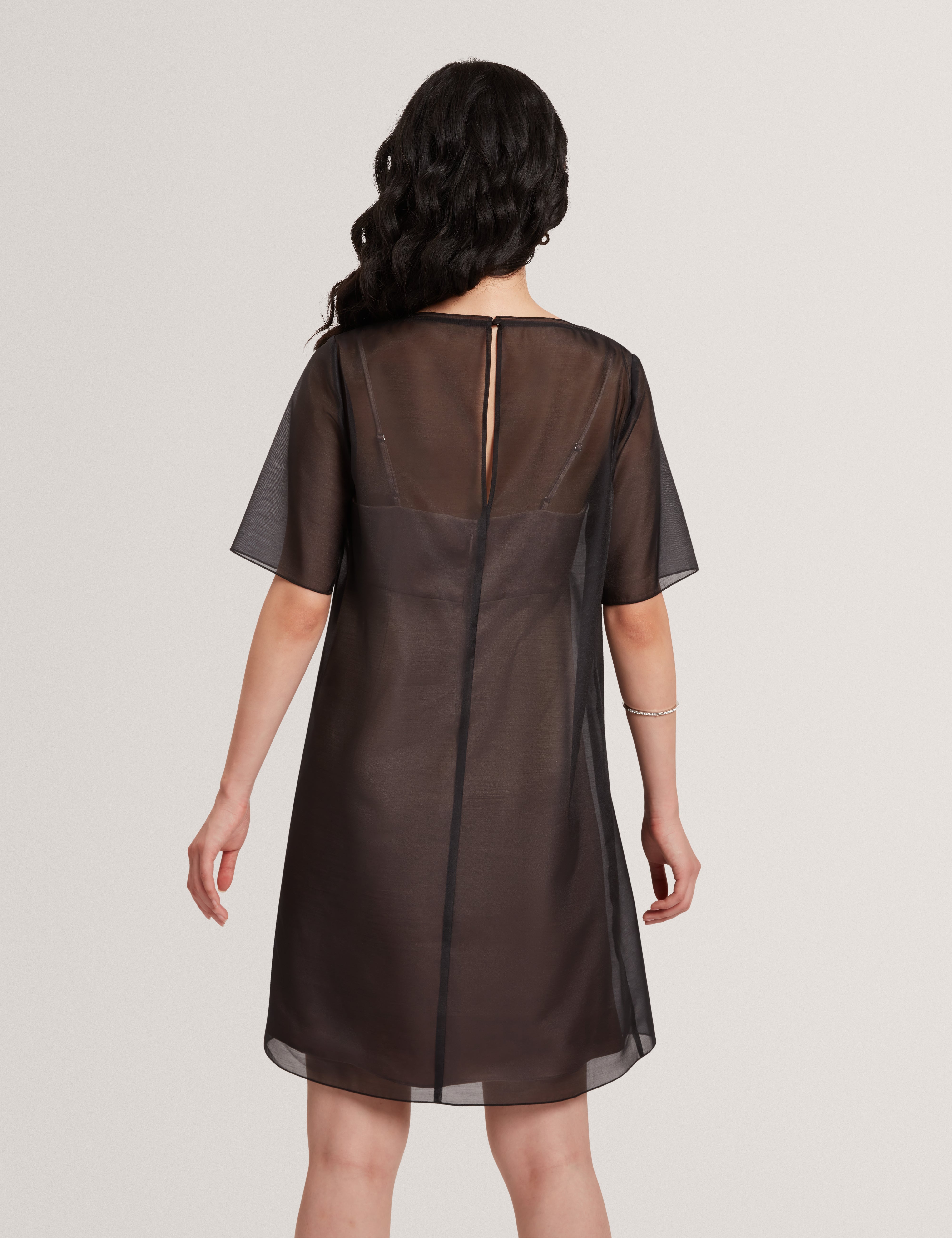 Fallyn Printed Organza Overlay Mini T-Shirt Dress Black