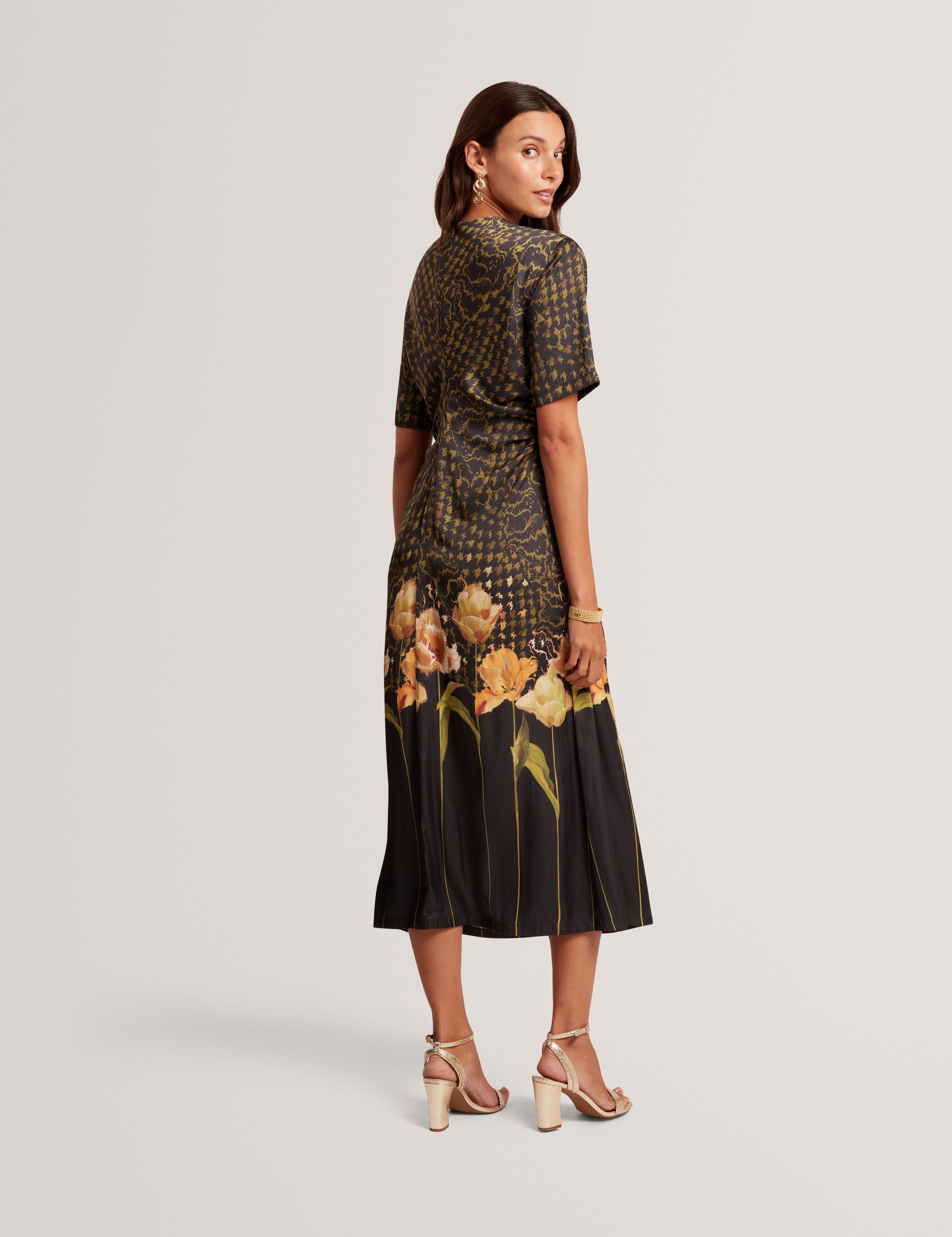 Aevaa Printed Midi Dress With Waist Gathers Black