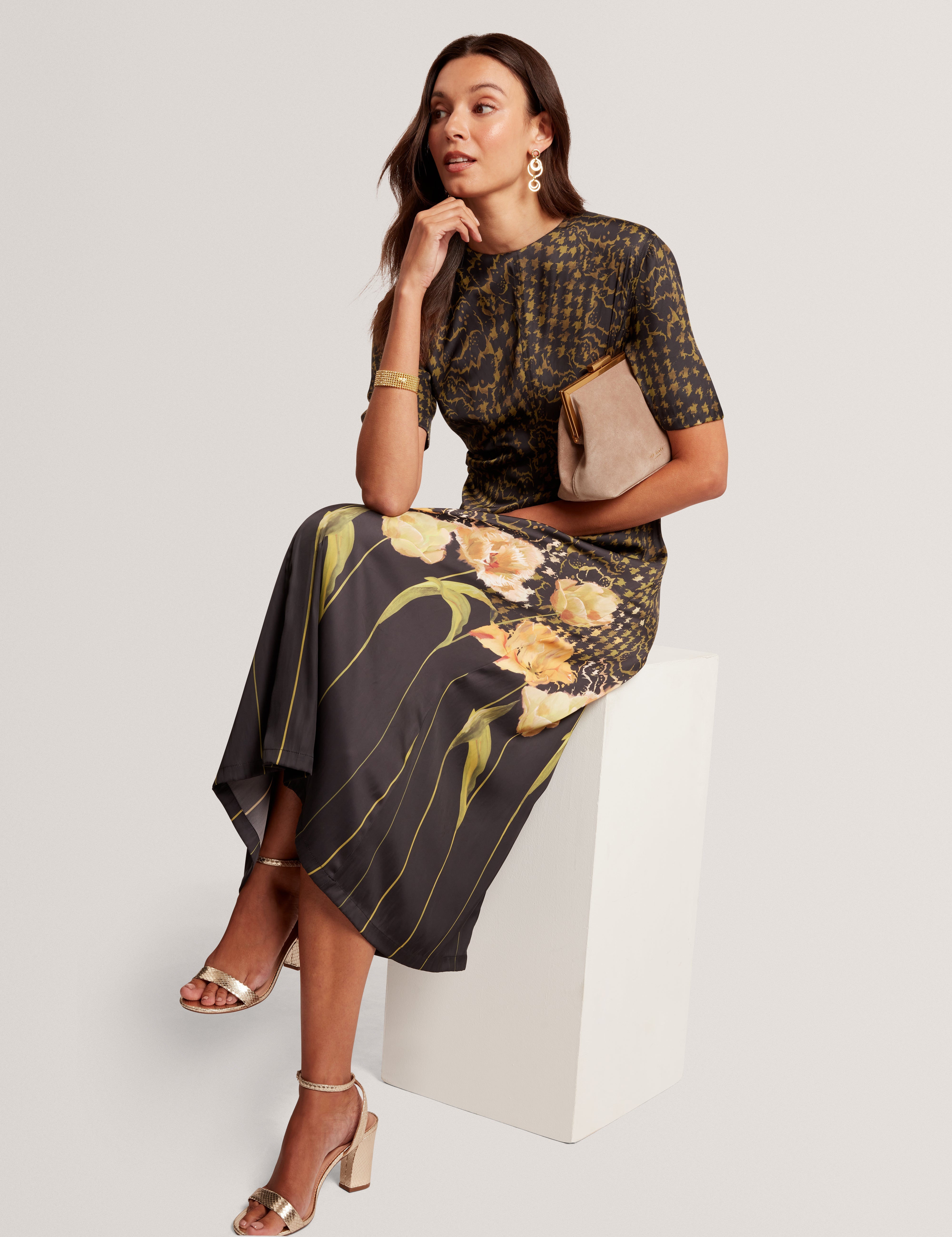 Aevaa Printed Midi Dress With Waist Gathers Black