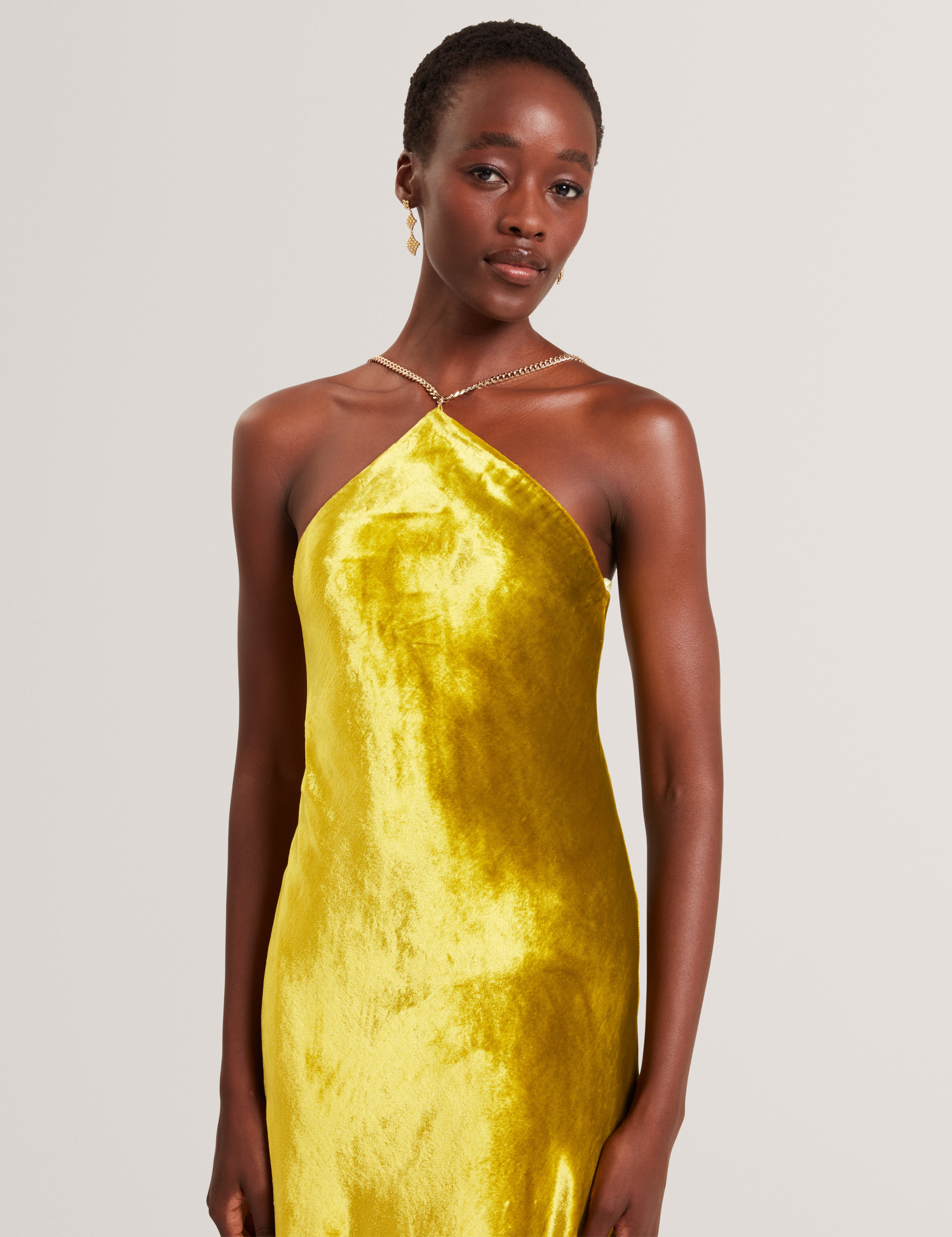 Jordya Velvet Halter Neck Maxi Dress Gold