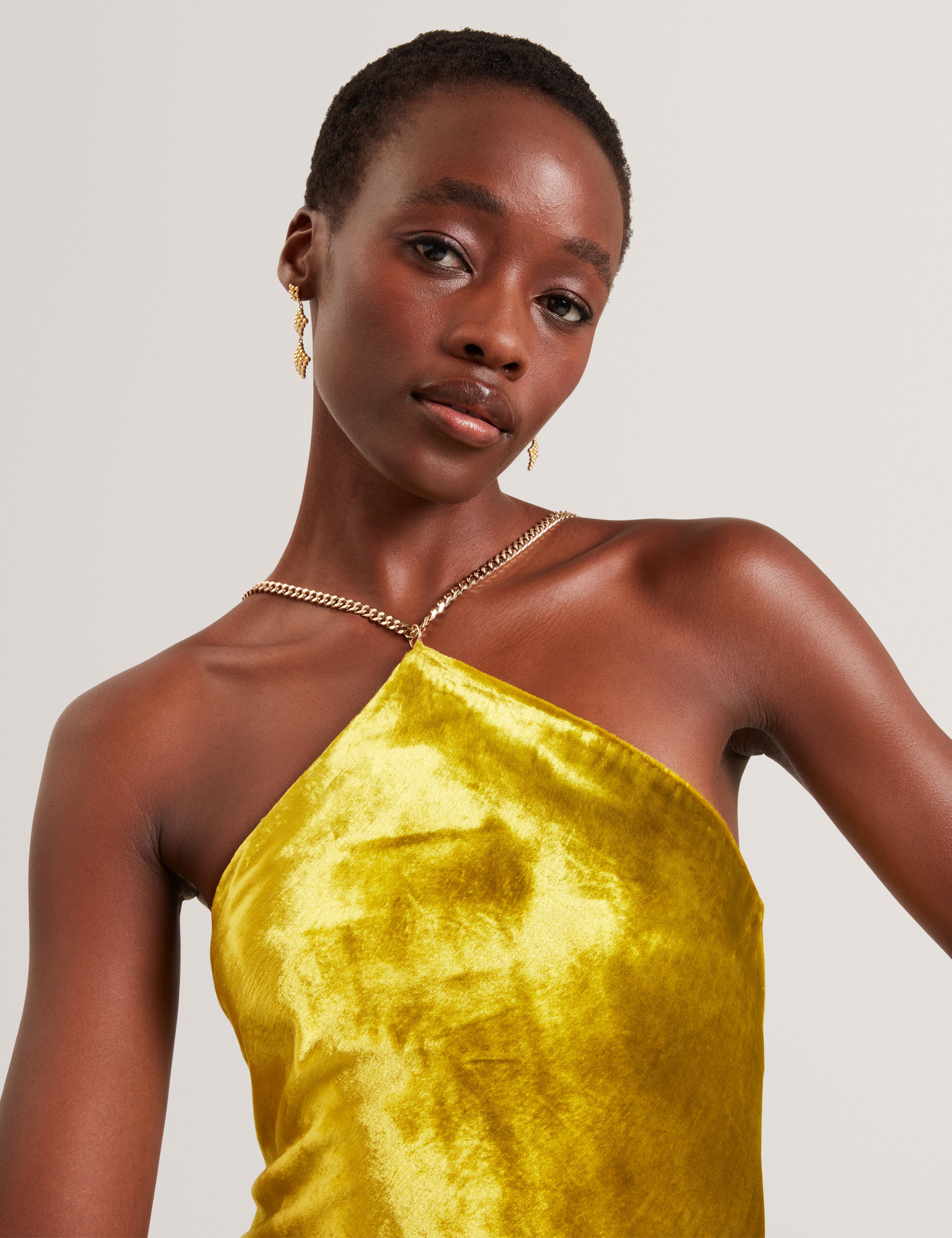 Jordya Velvet Halter Neck Maxi Dress Gold