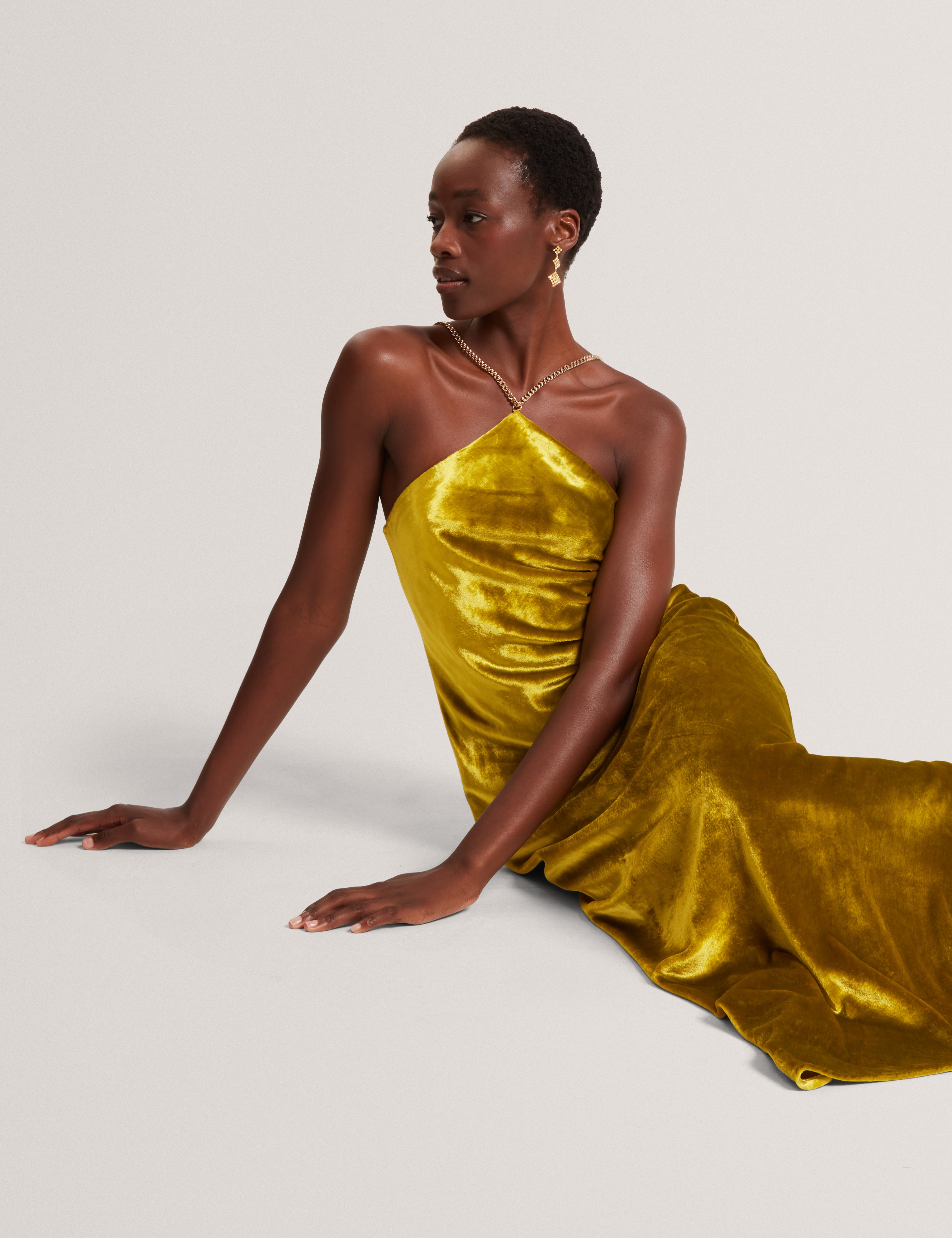 Jordya Velvet Halter Neck Maxi Dress Gold