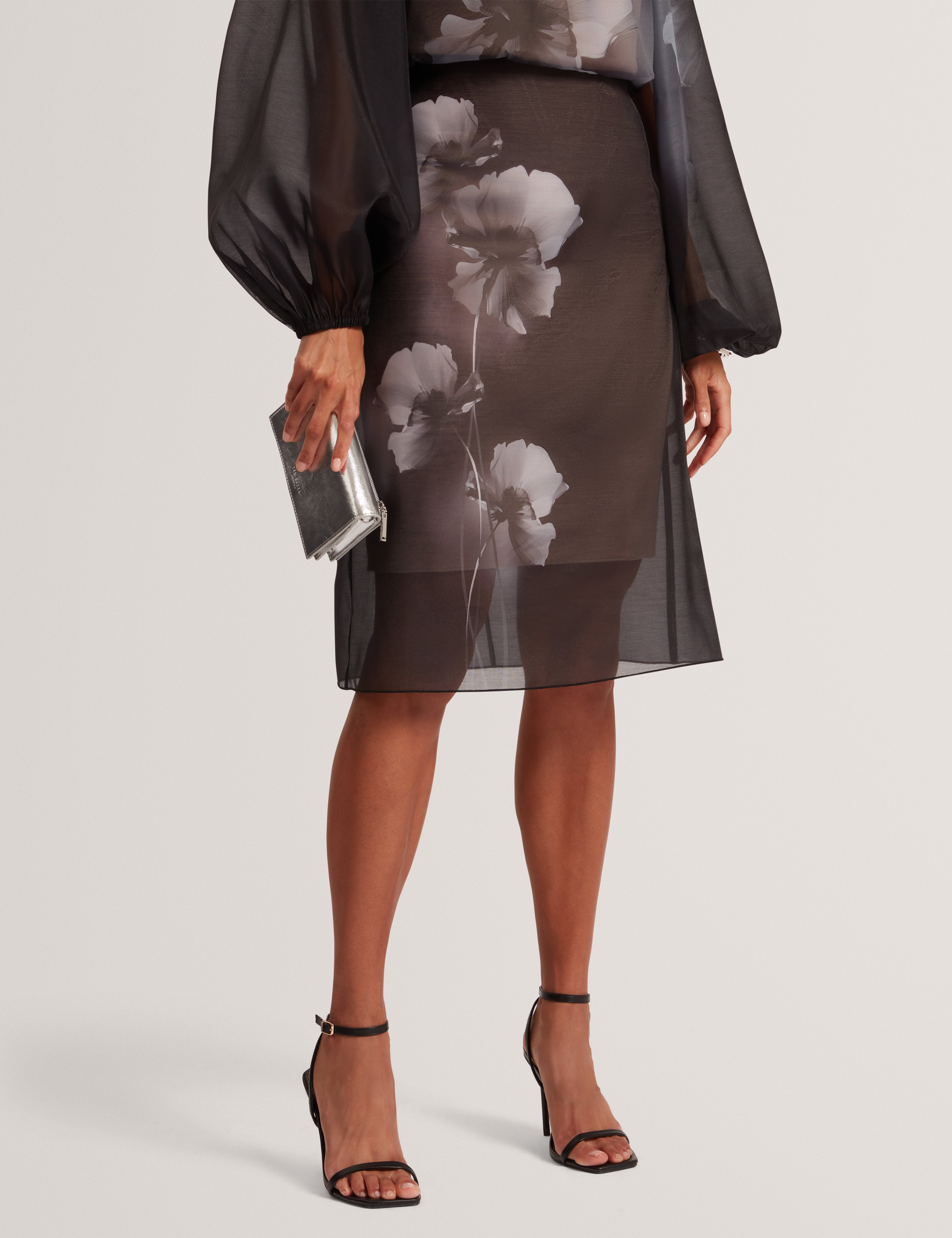 Vieva Printed Organza Overlay Midi Skirt Black
