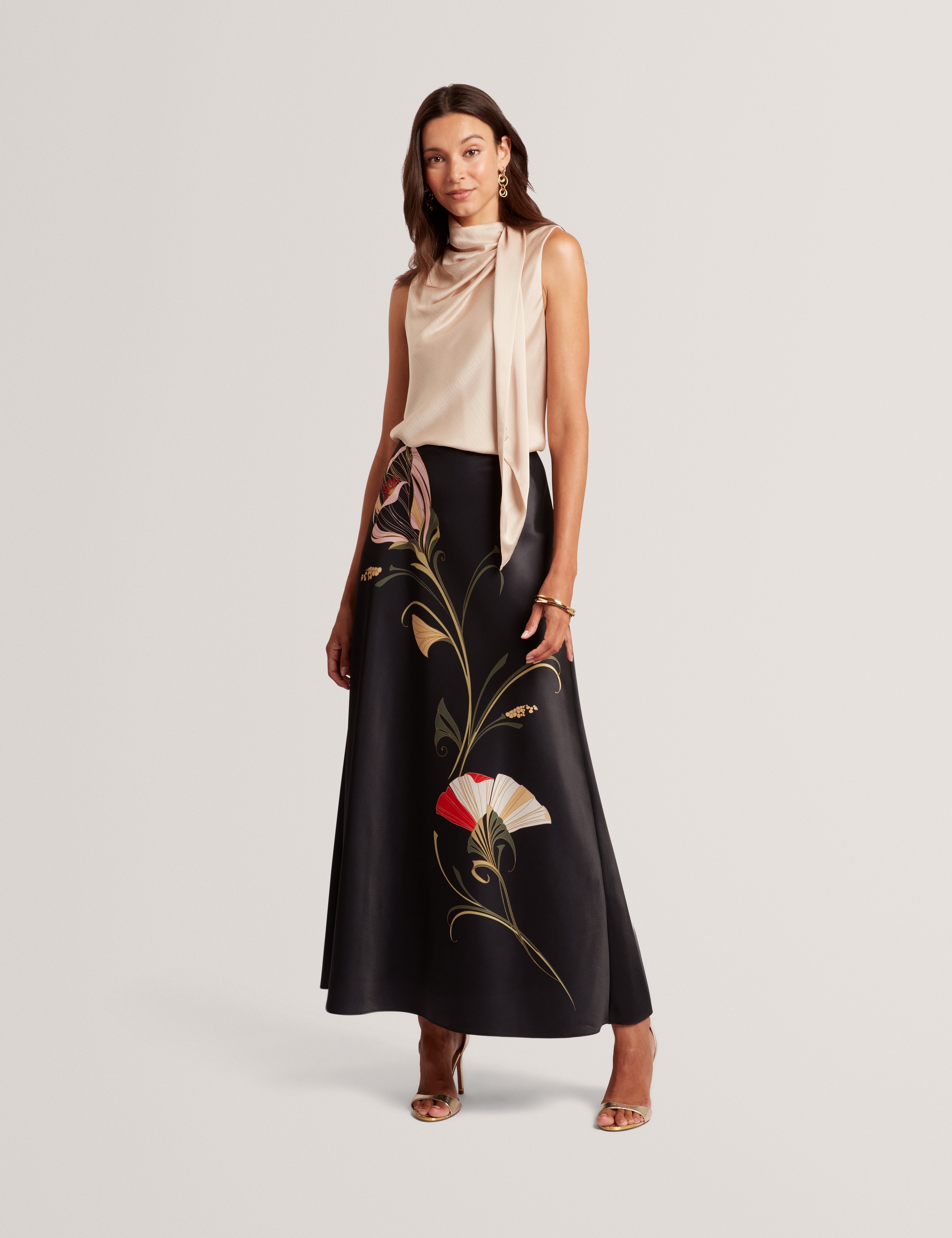 Salira Printed Bias Cut Midi Skirt Black
