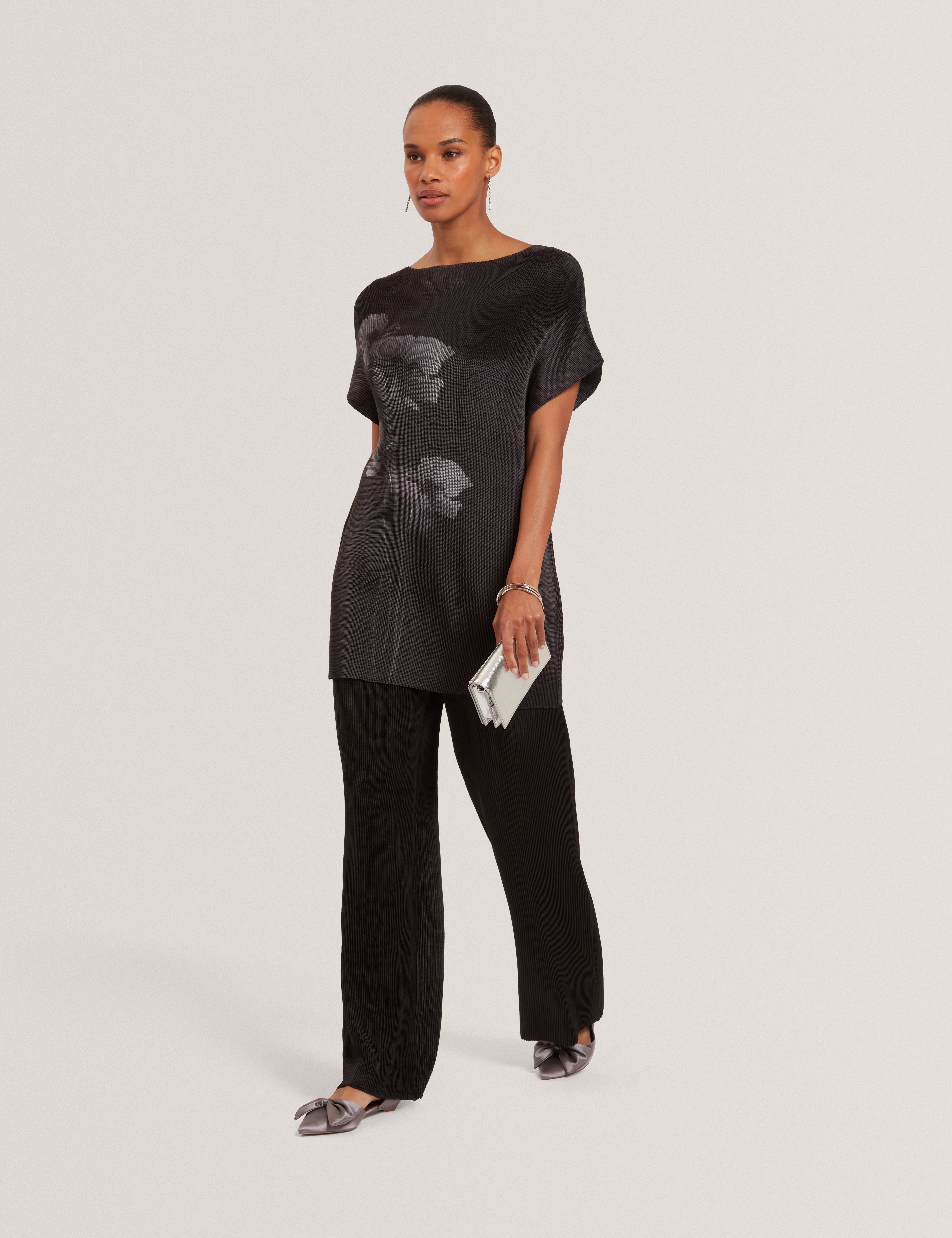 Narela Printed Wide Leg Plisse Trouser Black