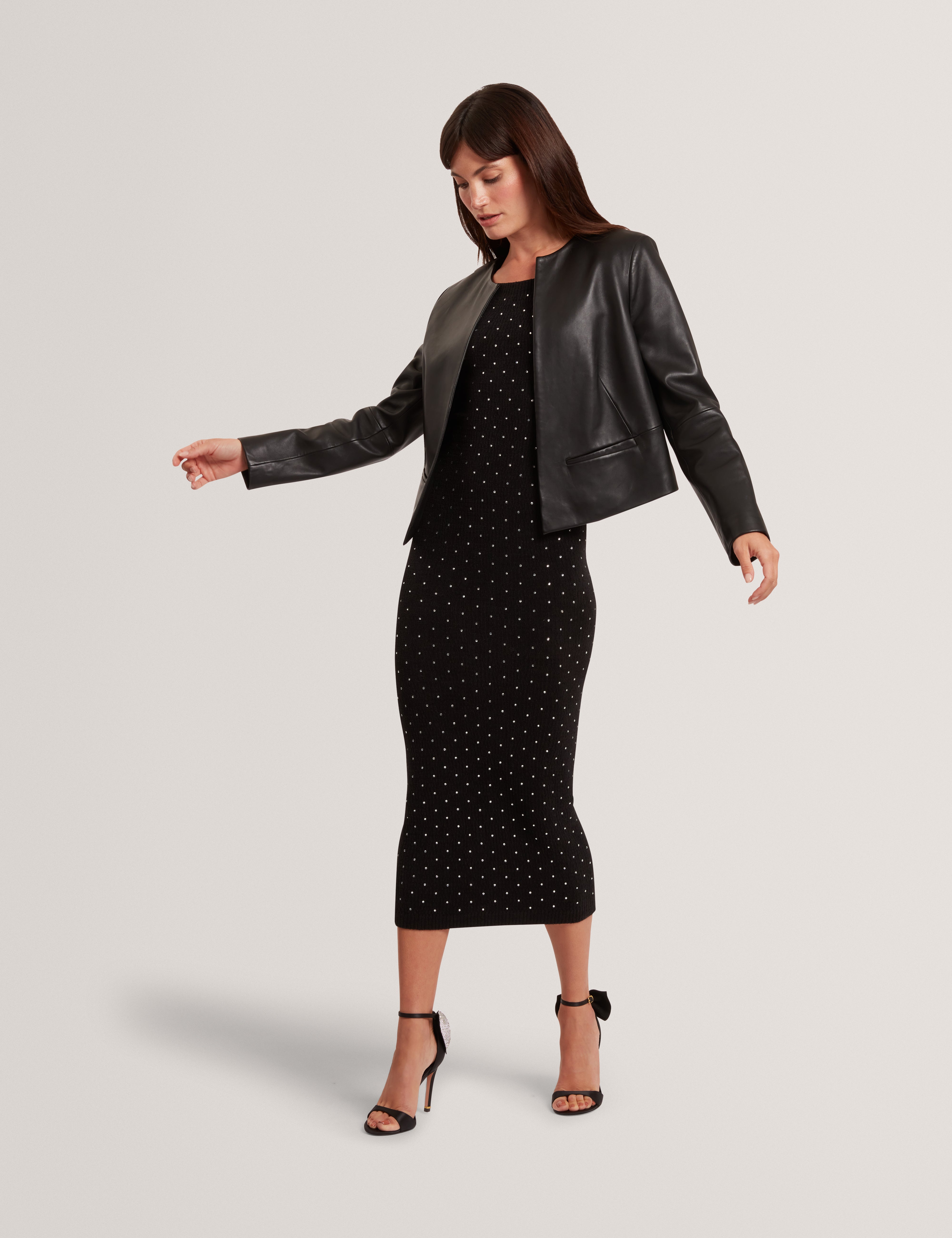 Quentia Cropped Collarless Leather Jacket Black