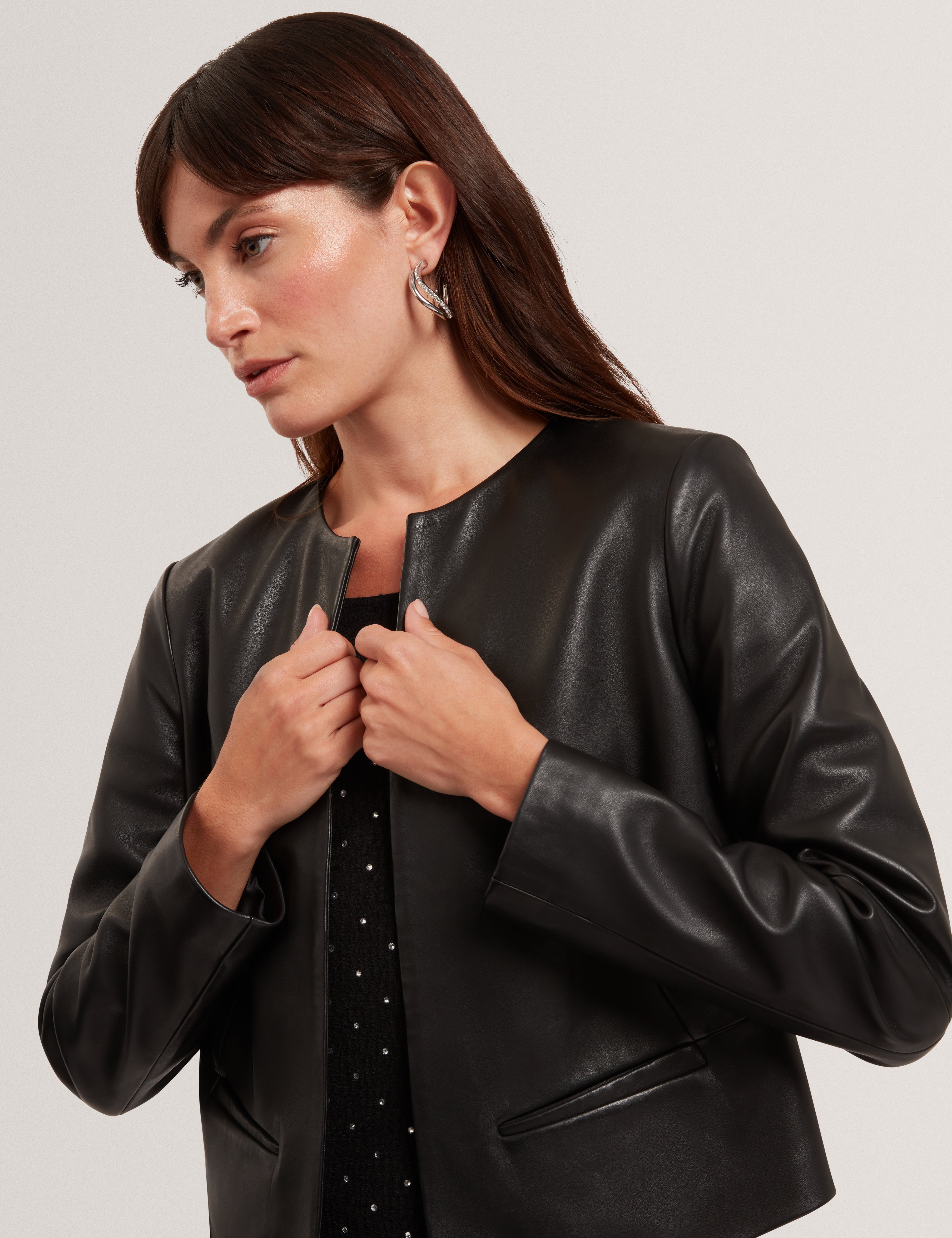 Quentia Cropped Collarless Leather Jacket Black