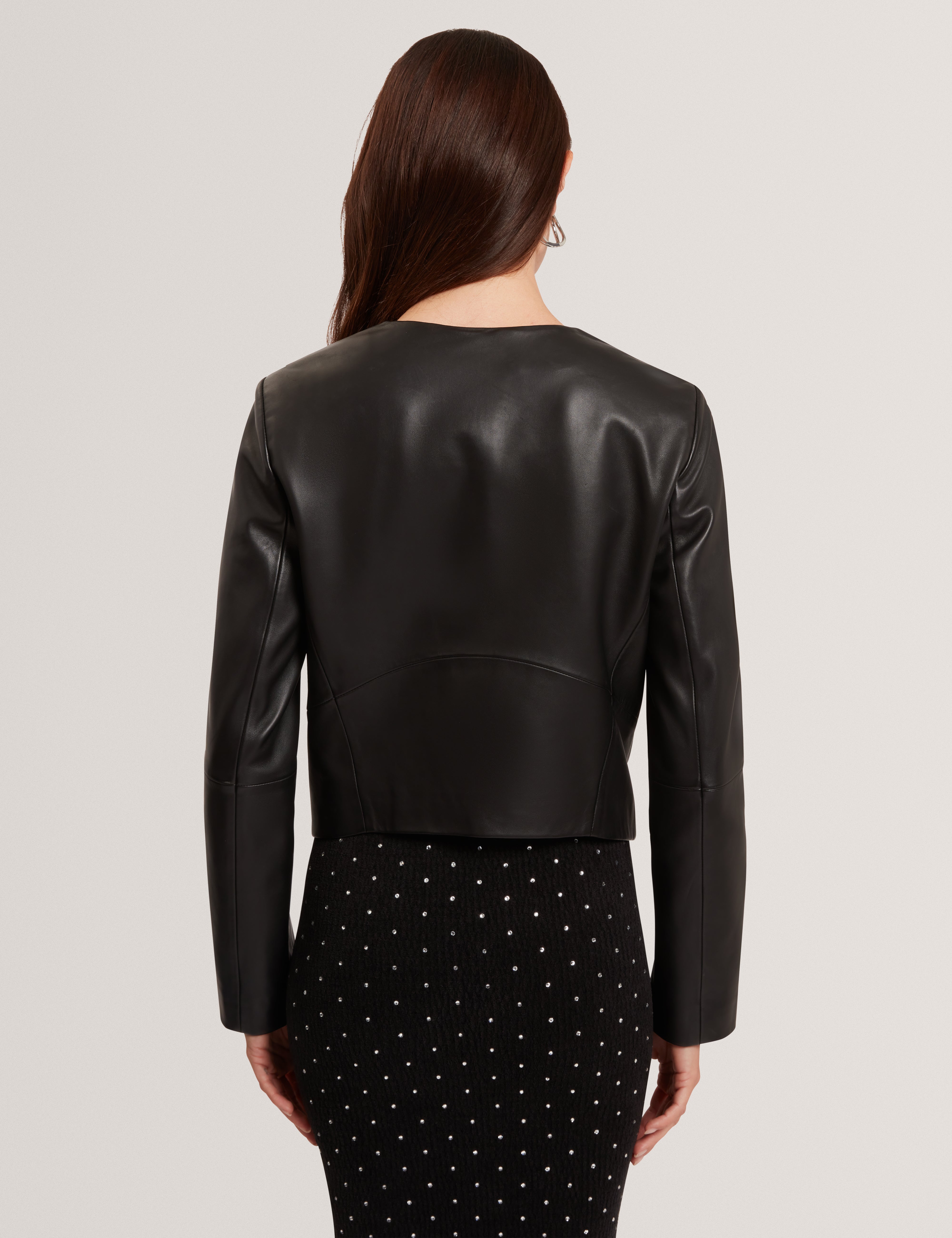 Quentia Cropped Collarless Leather Jacket Black