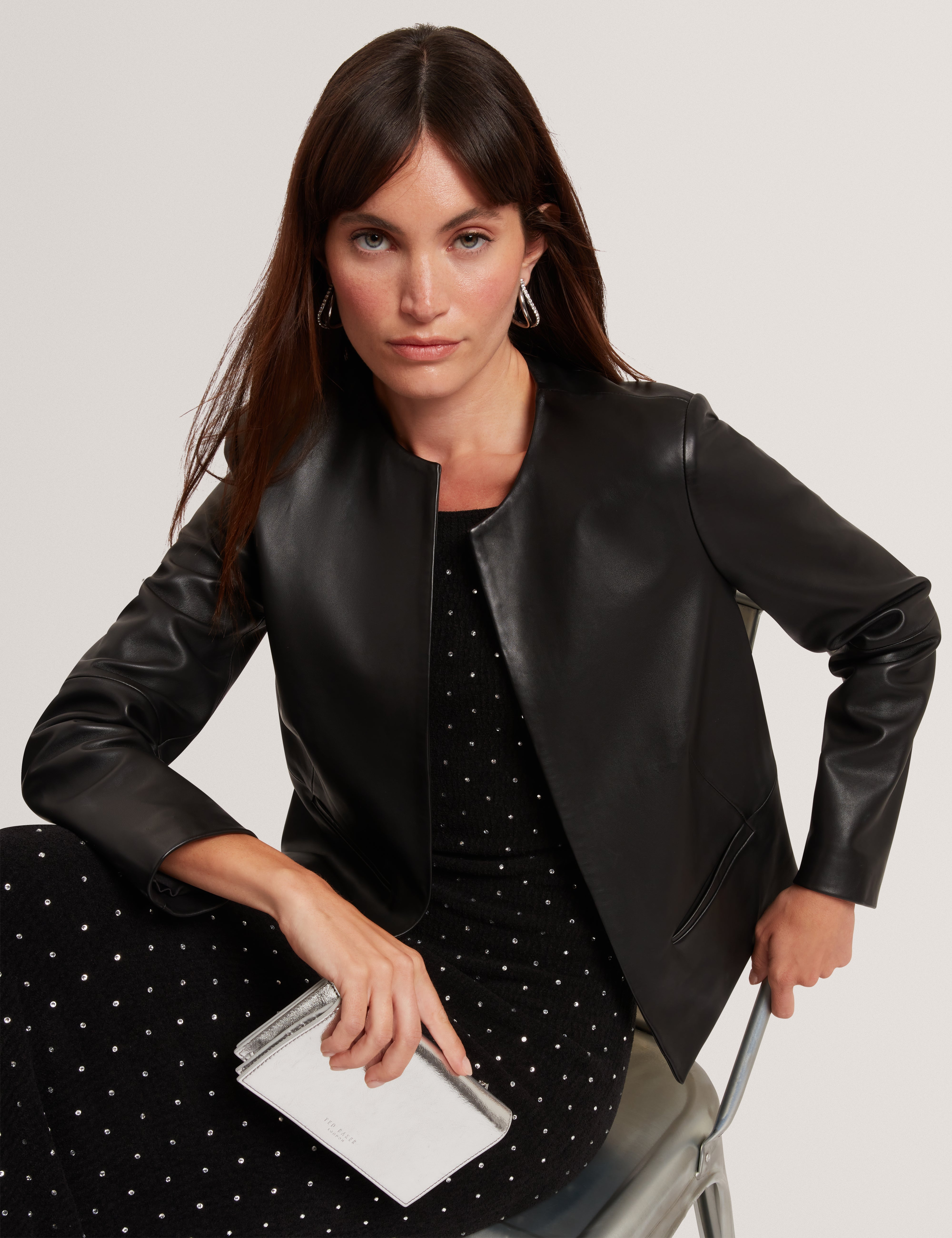 Quentia Cropped Collarless Leather Jacket Black