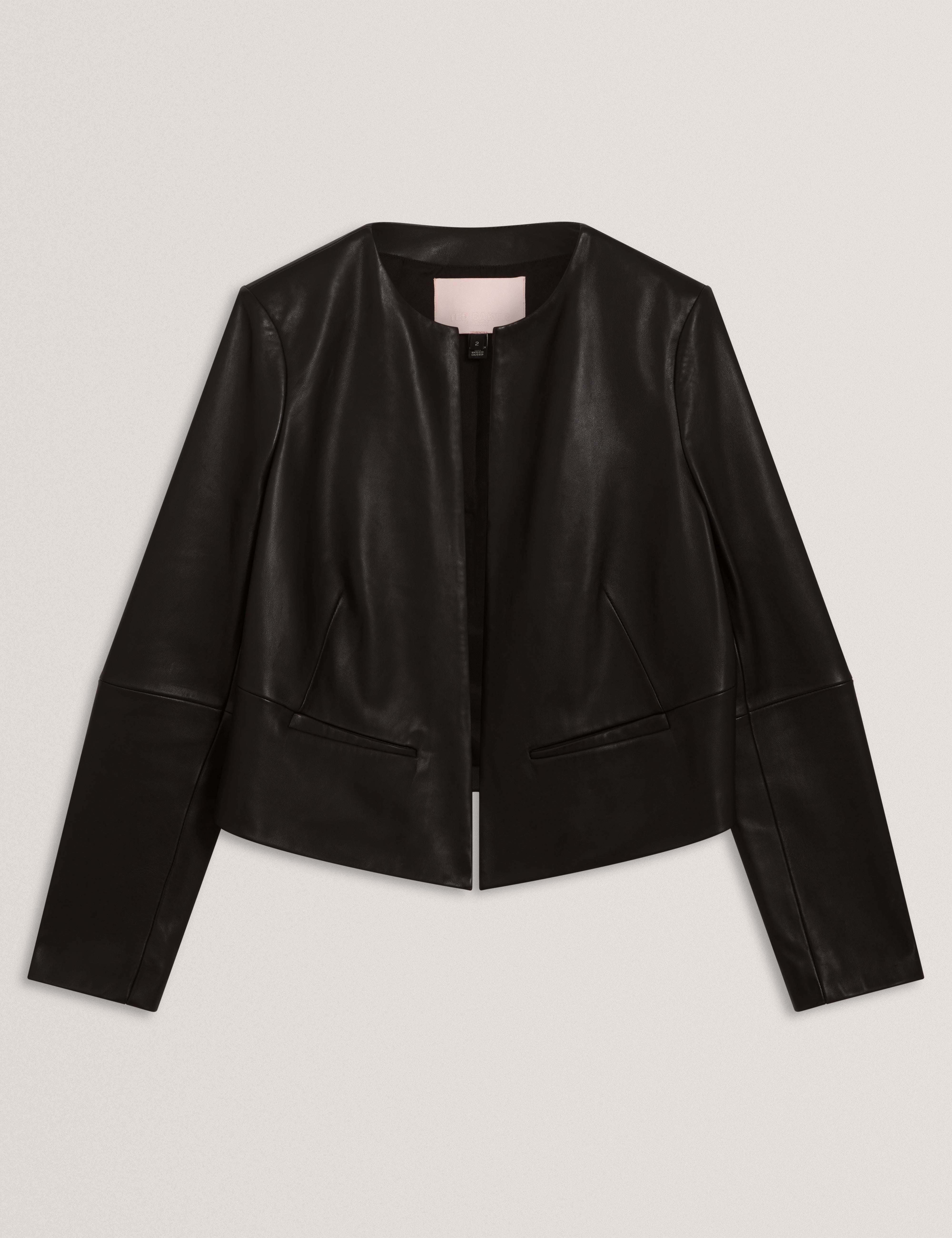 Quentia Cropped Collarless Leather Jacket Black