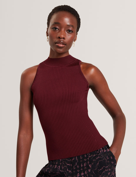 Rulza High Neck Knitted Sleeveless Top Maroon